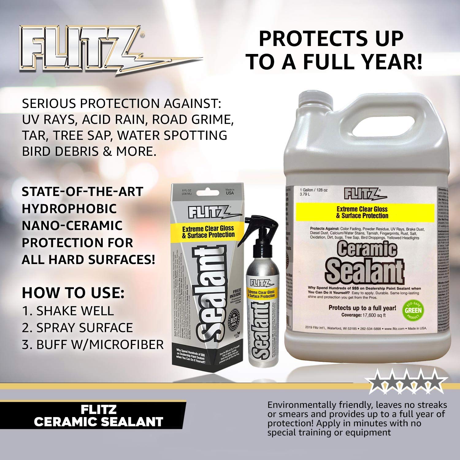 Flitz Ceramic Spray Sealant And Paint Protectant: Shine, Protect And Seal Clear Coat - Plastic, 1 Application Lasts Up To 12 Months, Made In Usa, 8 Oz. - 6 Pack