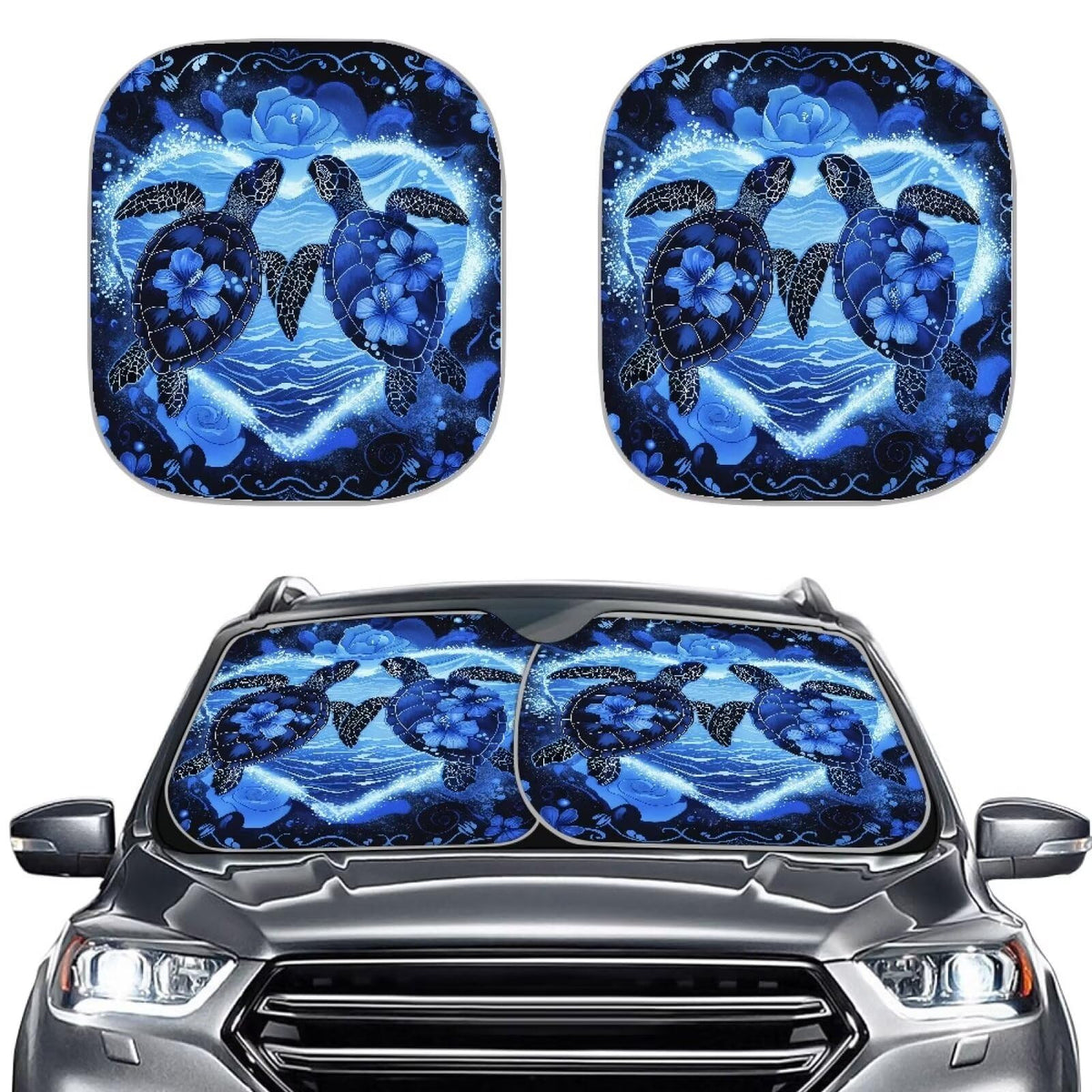 Huisefor Sea Turtle Car Windshield Sunshades 2 Piece Heart Print Front Window Sun Shade Foldable Sun Visor Protector Reflective