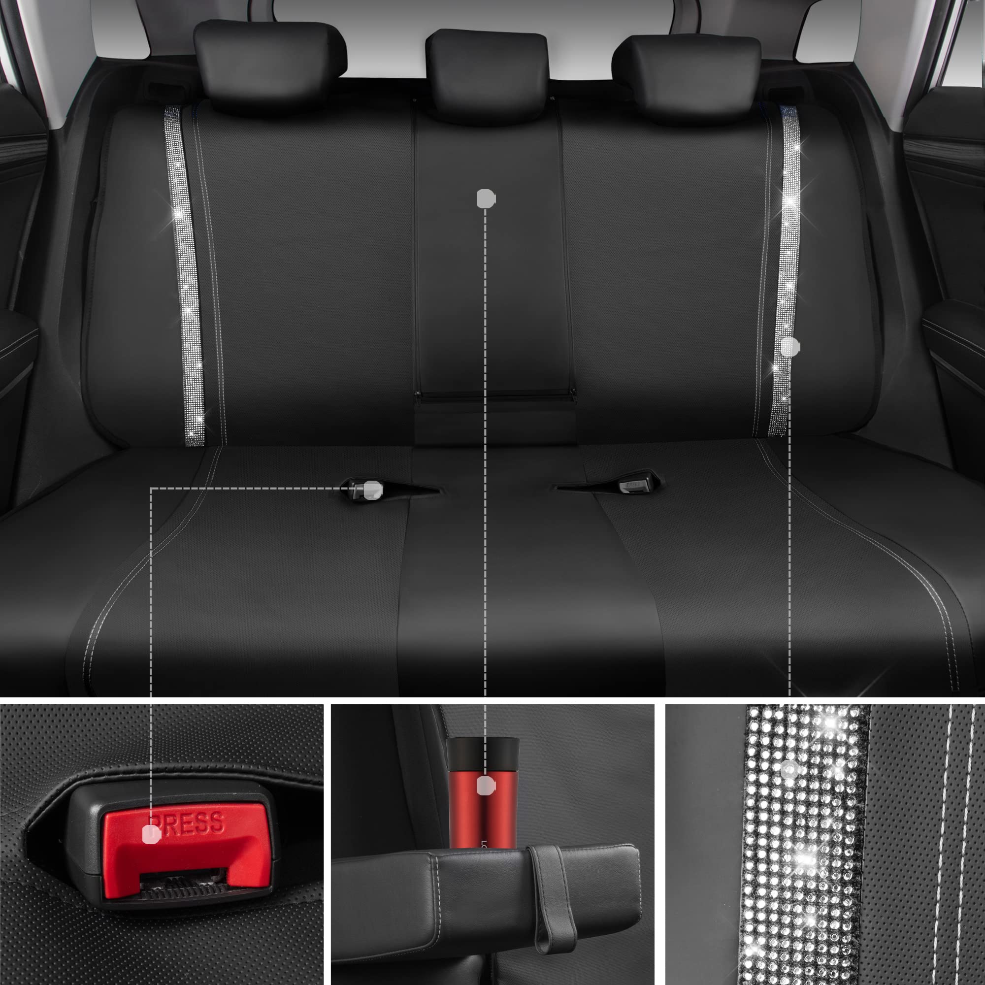 Car Pass Bling Car Seat Covers Full Set, Shining Rhinestone Diamond Waterproof Faux Leather, Rear With Zipper, Universal Fit Automotive Glitter Crystal Sparkle Strips For Cute Women Girl, Silver