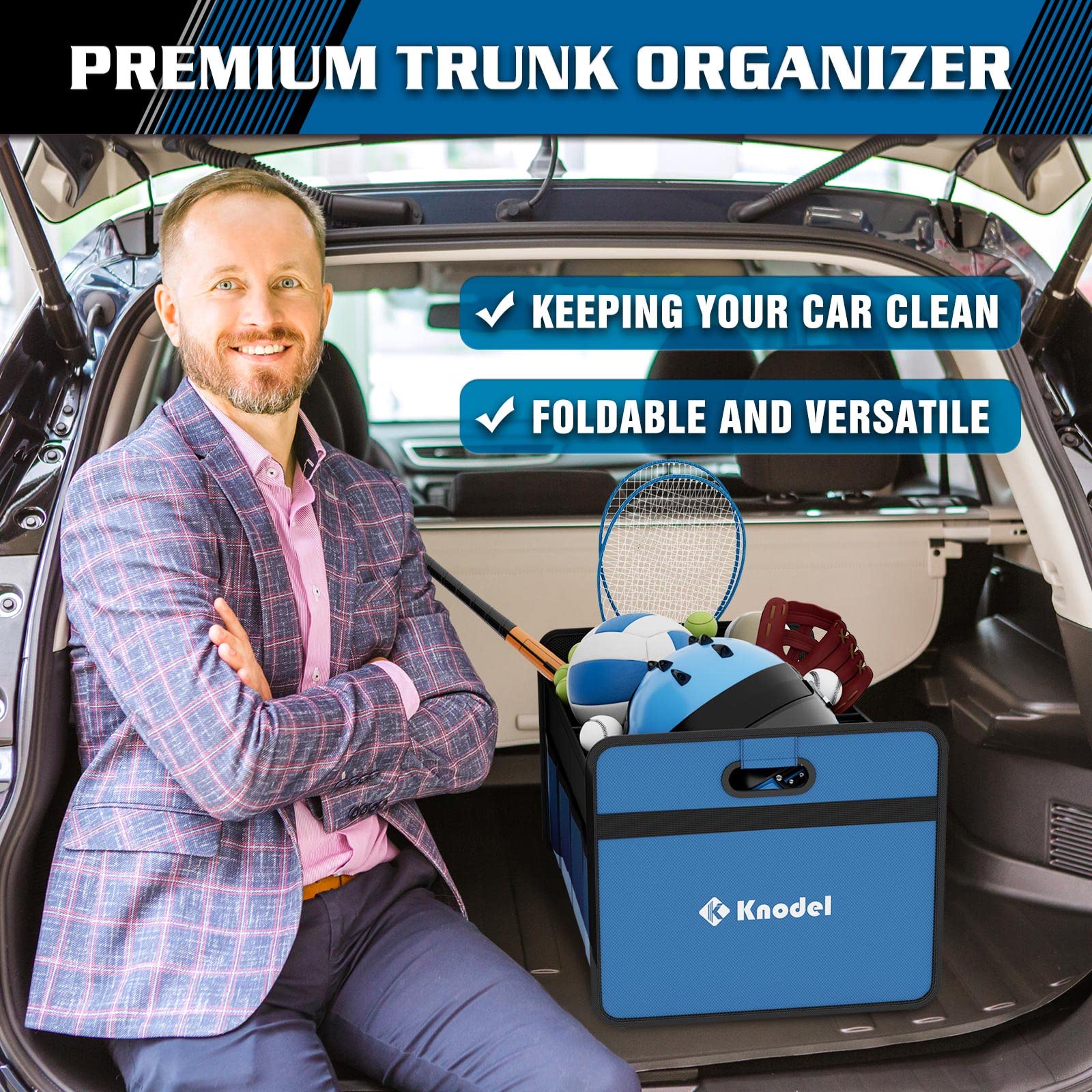 K Knodel Car Trunk Organizer, Foldable Trunk Organizer For Car, Automotive Consoles & Organizers, Car Trunk Storage Organizer With Reinforced Handles (Blue)