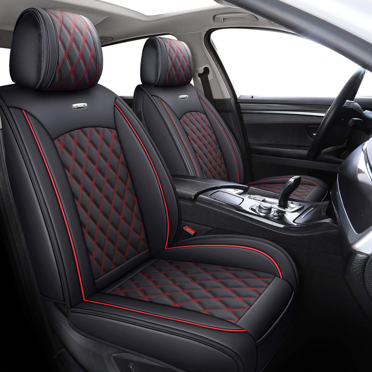 Yiertai Car Seat Covers Universal Fit Compatible With Ford Escape Edge Versa Fiesta Highlander Maxima Sorento Rogue Truck Cushions With Waterproof Faux Leather, Full Set, Black-Red