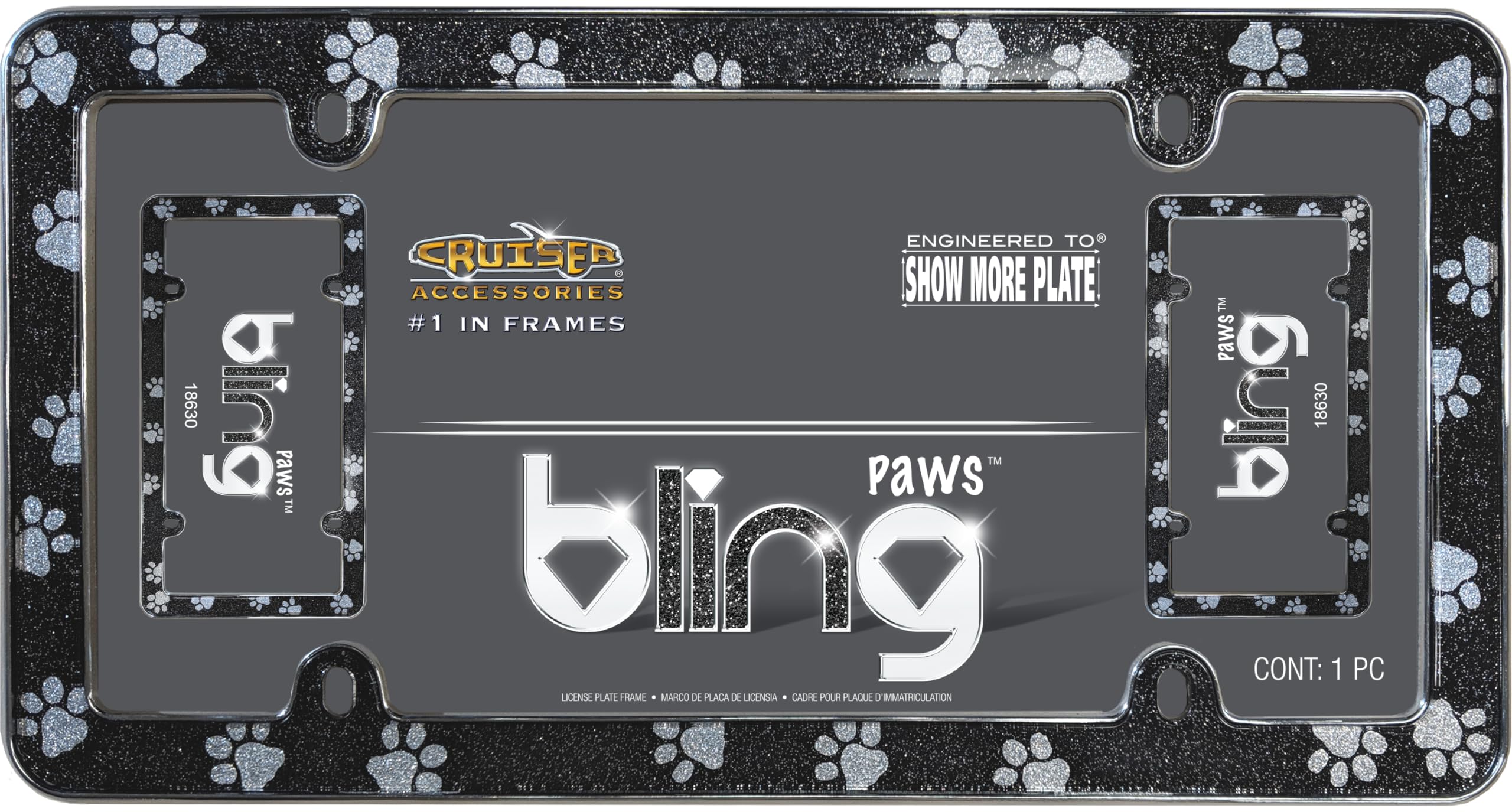 Cruiser Accessories Paws Bling License Plate Frame, Black/Chrome