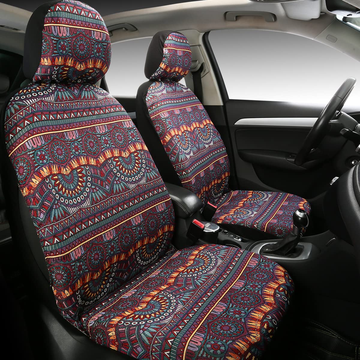 PONYJOYUP Baja Saddle Blanket Car 4PCS Front, Breathable and Washable Striped Woven Automotive Vehicle Universal Boho Seat Cover