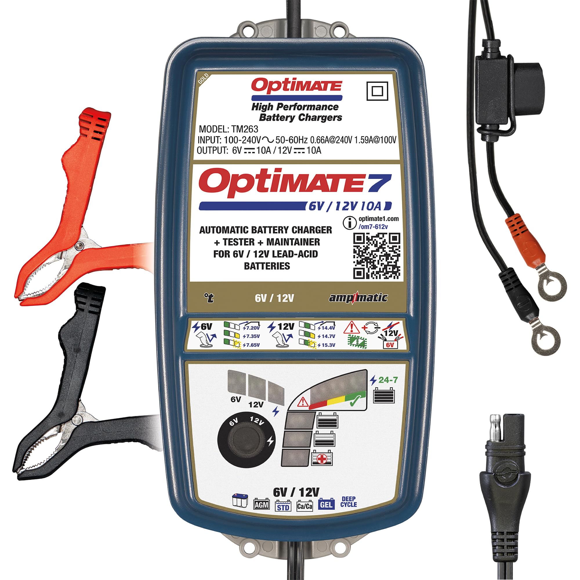 Optimate7 6V/12V - 10A, Model TM263, Gold Series High Performance Battery Charger & maintainer for Deep Cycle Batteries