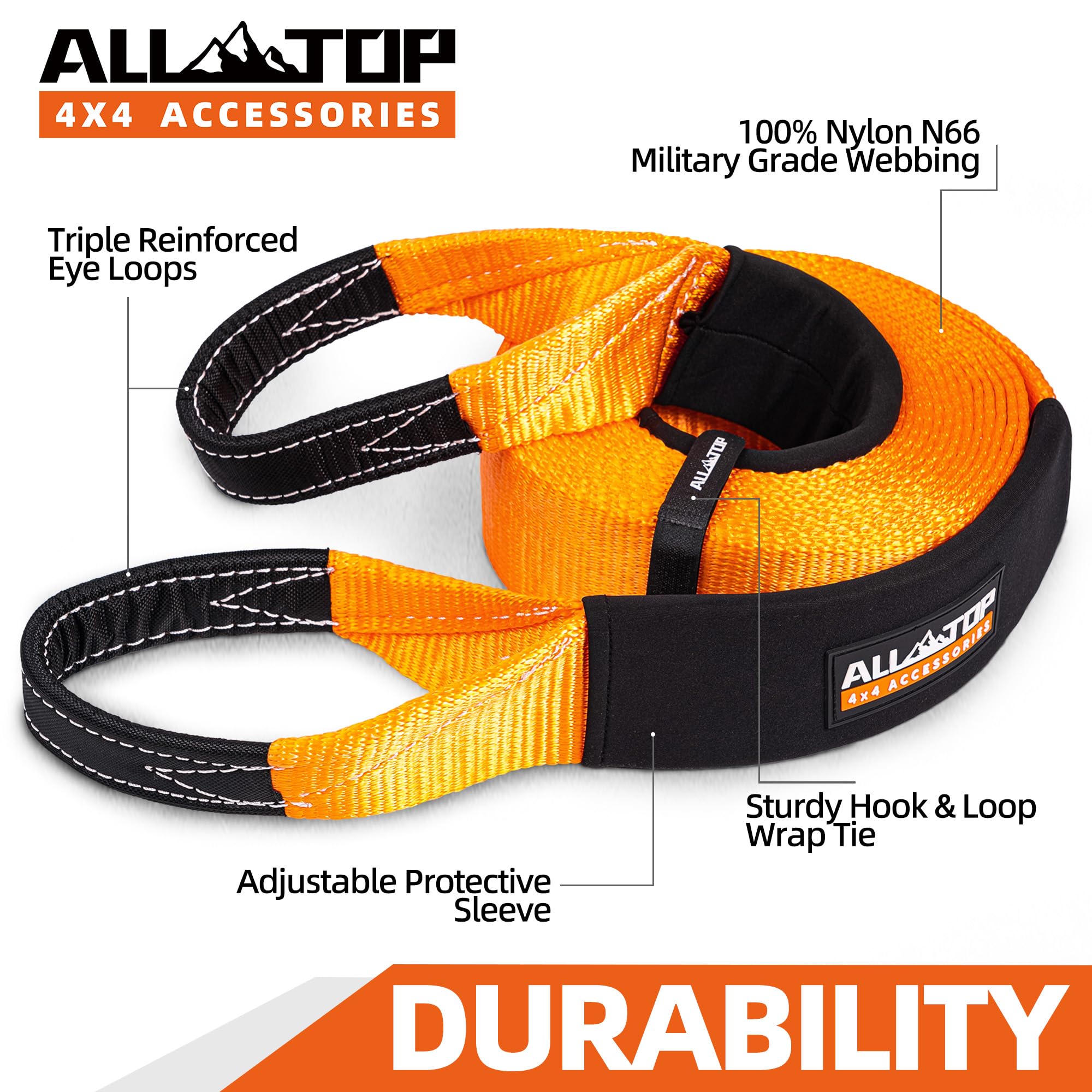 All-Top Recovery Snatch Strap, 4In X 30Ft - 46500Lbs, Extreme Duty 100% Nylon Kinetic Towing Recovery Strap With 22% Elongation