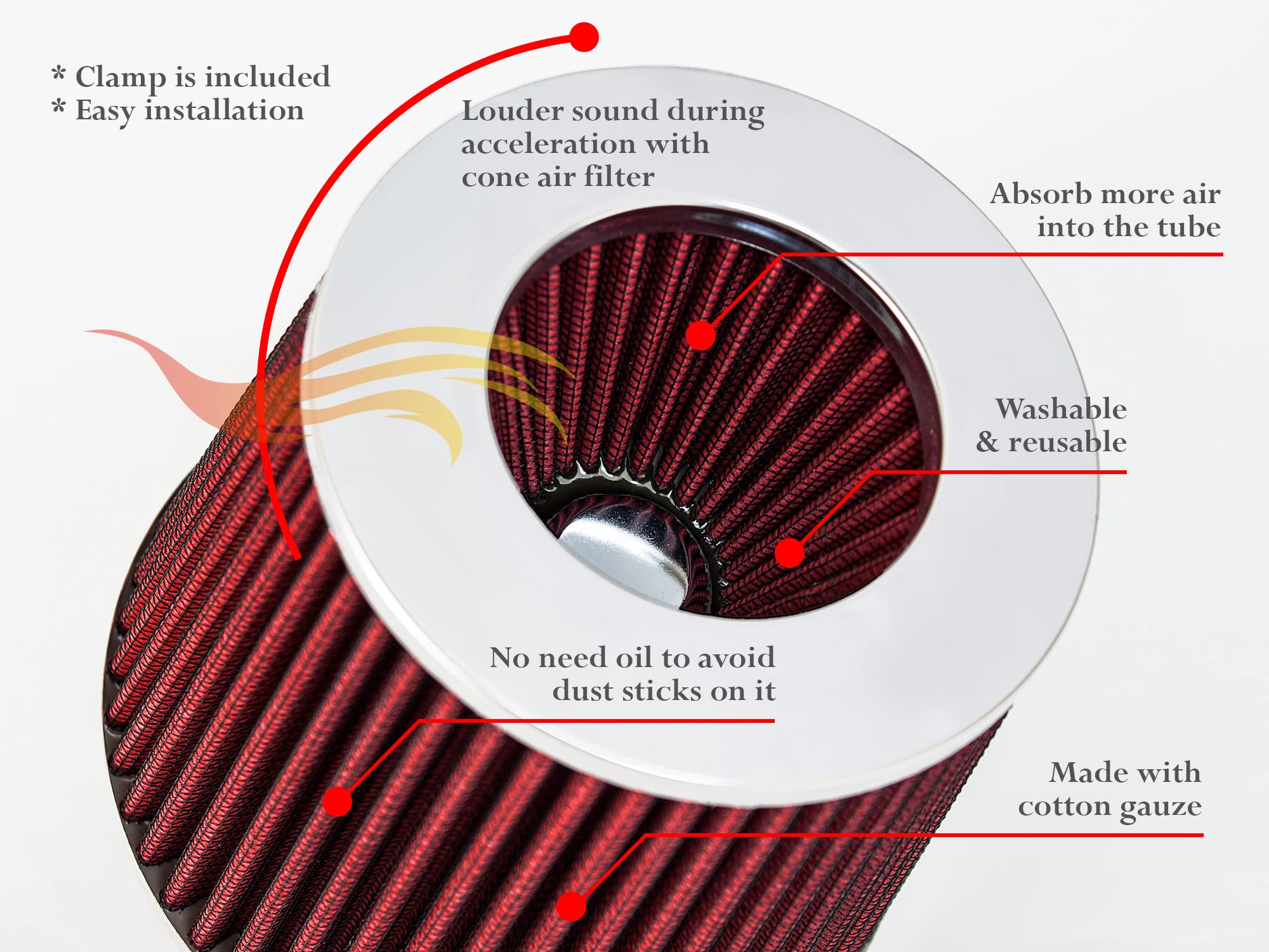 Red 6 152 Mm Inlet Truck Cold Air Intake Cone Replacement Performance Washable Clamp-On Dry Air Filter (8 Tall)