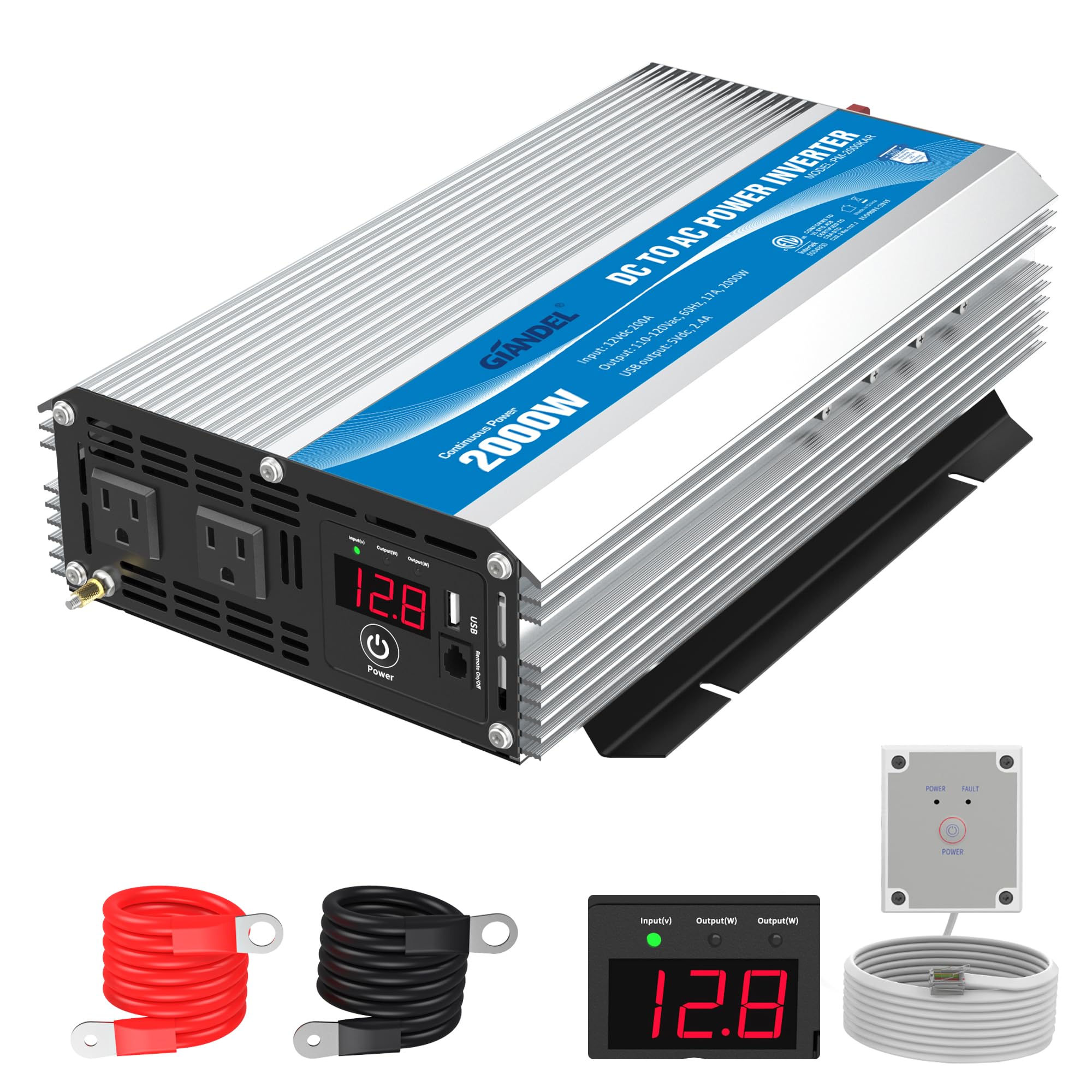 GIANDEL 2000Watt Power Inverter 12V DC to 110V 120V AC ETL Listed UL458 STD 2000W Inverter Lithium Battery Compatible with Remot