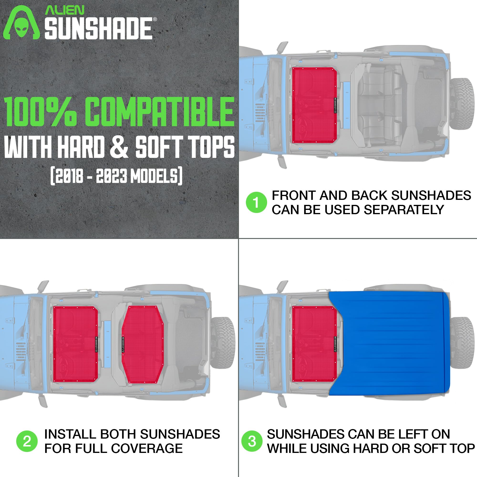 Alien Sunshade Jeep Wrangler Jlu Red (2018-2023) Front & Rear Mesh Sun Shade For Jl Unlimited, Blocks Uv, Wind, Noise, Jeep Gift