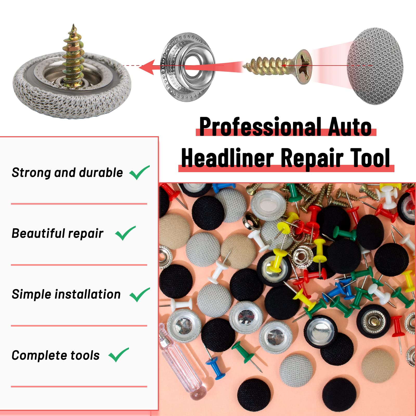 362 pcs Car Roof Headliner Repair Button Kit Auto Roof Snap Rivets Retainer for Car Roof Flannelette Fixed with Installation Too