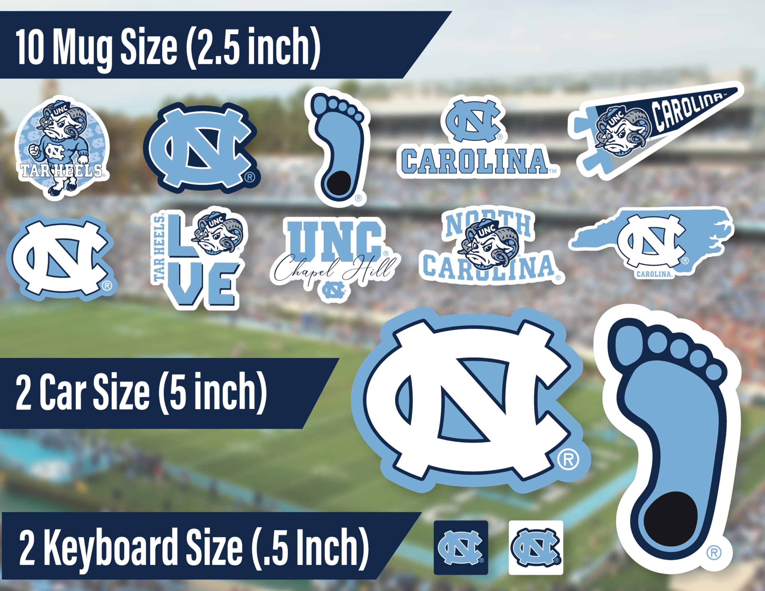 North Carolina Tar Heels Stickers (14 Pcs) 2 Large 5'' For Car Windows 10 Medium 2.5'' For Water Bottles Laptops Phones 2 Mini D