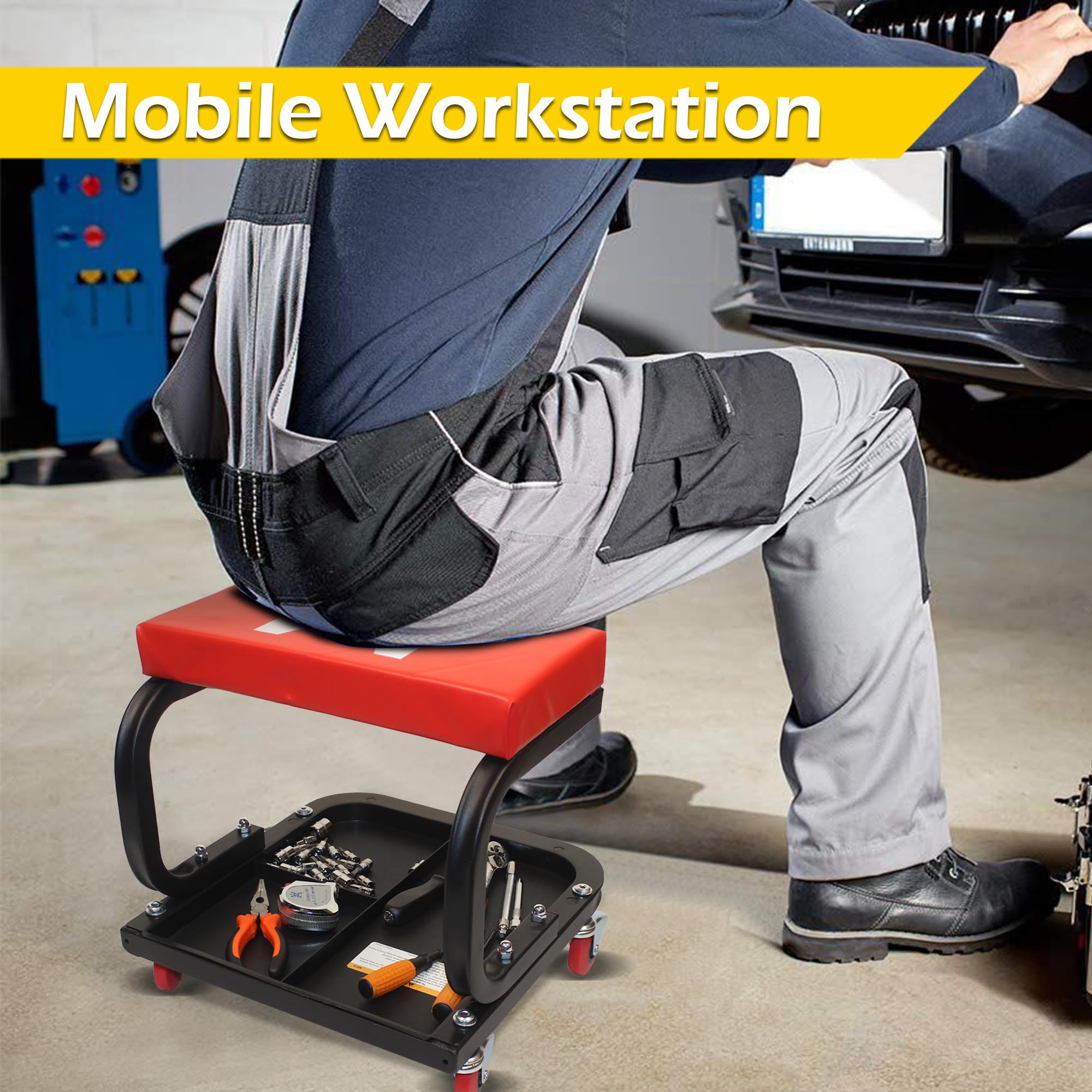 Maxworks 50875 Mechanics Roller Seat, 250 Lbs Capacity Padded Rolling Workshop Stool With Tool Tray Storage For Garage, Shop, Au