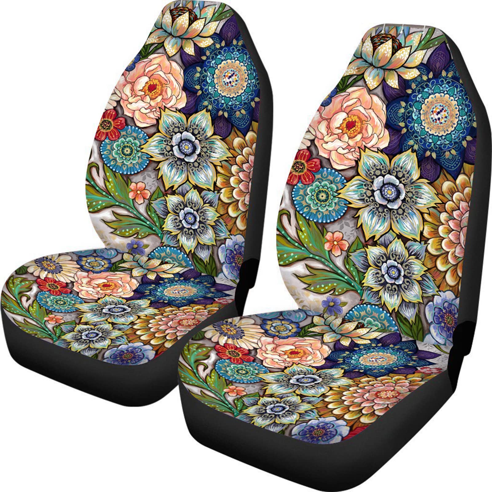 Toaddmos Bright Blossoms Colorful Boho Floral Print Car Seat Covers For Women,Universal Auto Front Seats Protector Fits For Car,Suv Sedan,Truck