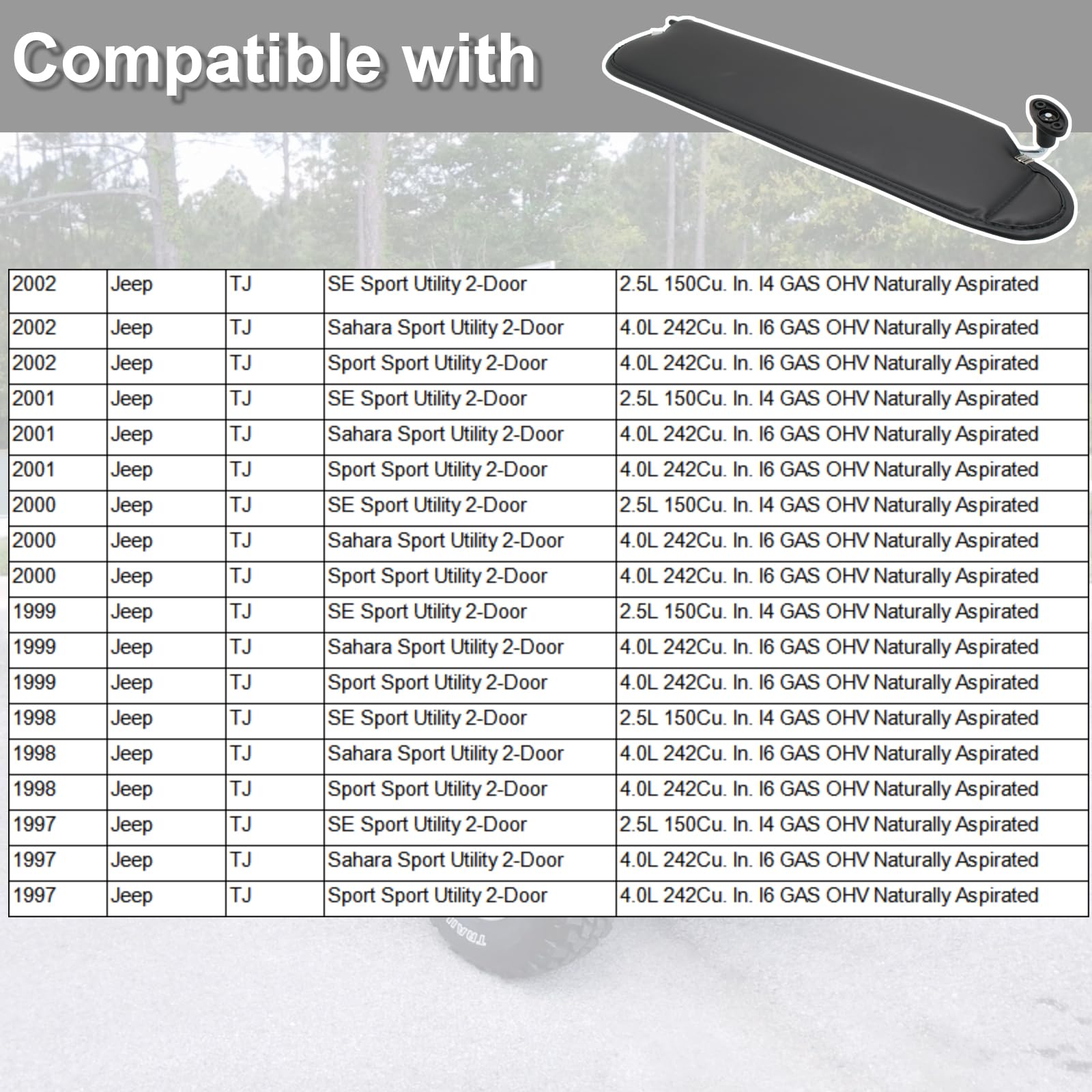 NHILES Right Passenger Sun Visor Compatible with Jeep Wrangler TJ 1997 1998 1999 2000 2001 2002 Sunshade Replacement Number 5EP3