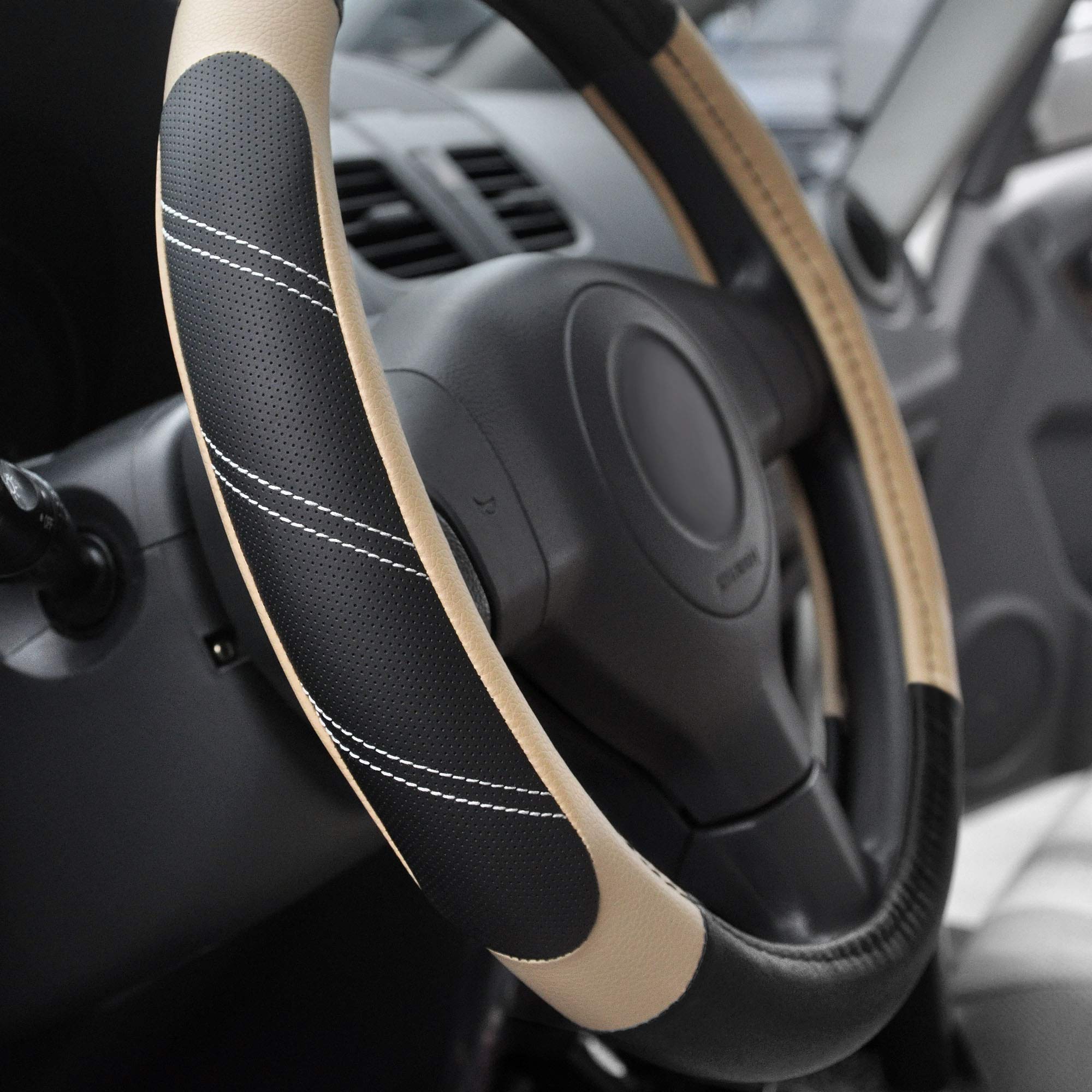 Elantrip Steering Wheel Cover Leather 15 1/2 To 16 Inch Universal Large Soft Grip Breathable For Car Truck Suv Jeep Anti Slip Be