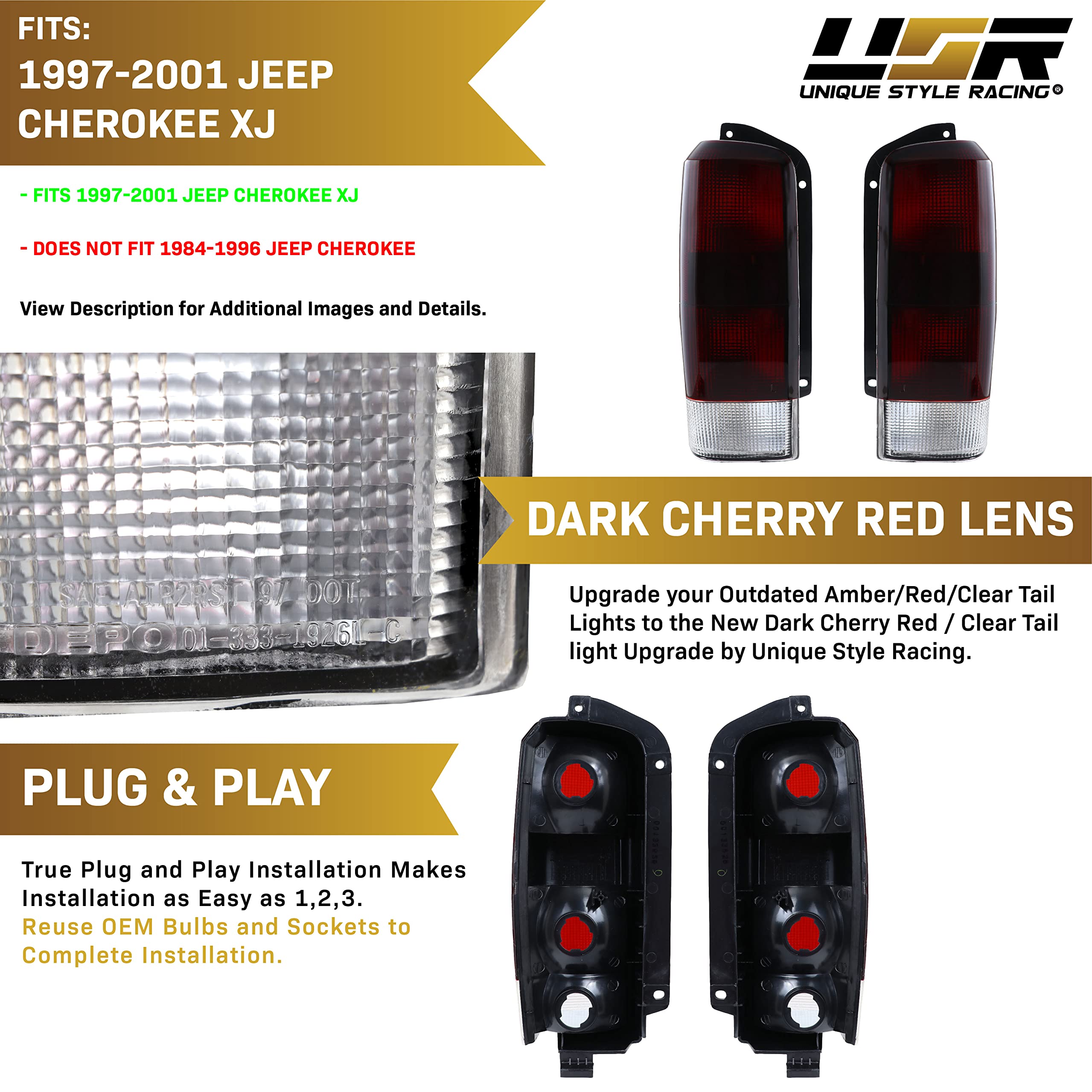Usr Depo 97-01 Cherokee Dark Cherry Red Smoke Rear Tail Lights (Left + Right) Compatible With 1997-2001 Jeep Cherokee Xj Chassis