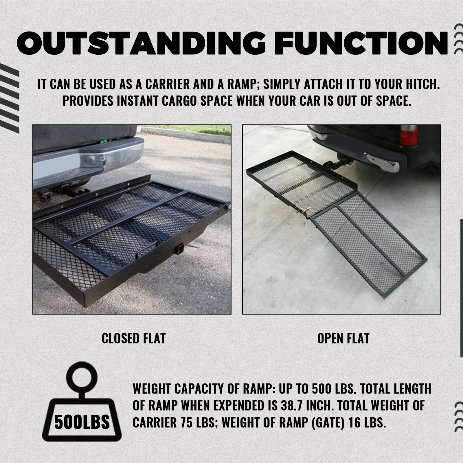 Kuafu Trailer Hitch Folding Mobility Scooter Carrier Rack Luggage Basket Lift Rack Loading Ramp Wheelchair Carrier Mount Steel