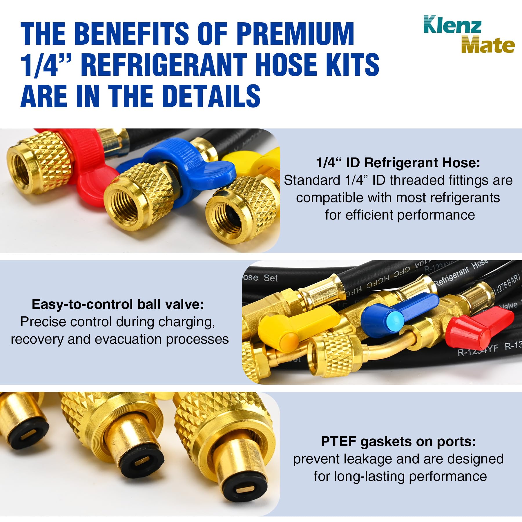 KlenzMate Upgraded 1/4 A2L Refrigerant Hose,72, Compact Ball Valve Refrigerant Hose Kit with Color Label for R-1234YF R-134A