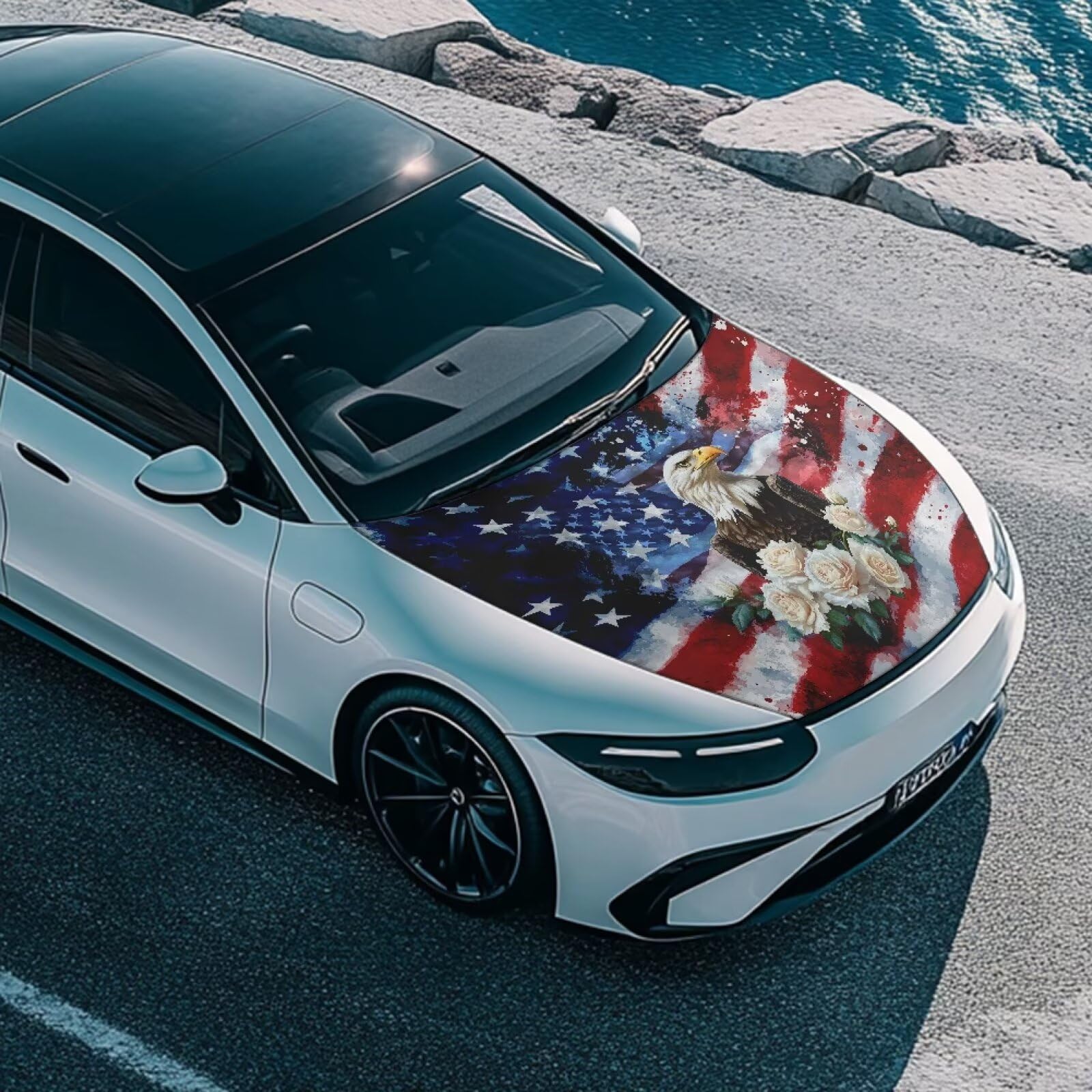 Bald Eagle Flower USA Flag Car Hood Cover Protector 59  39 Inch Stretchable Auto Hood Wrap Blankets Waterproof Sun Proof Auto Pa