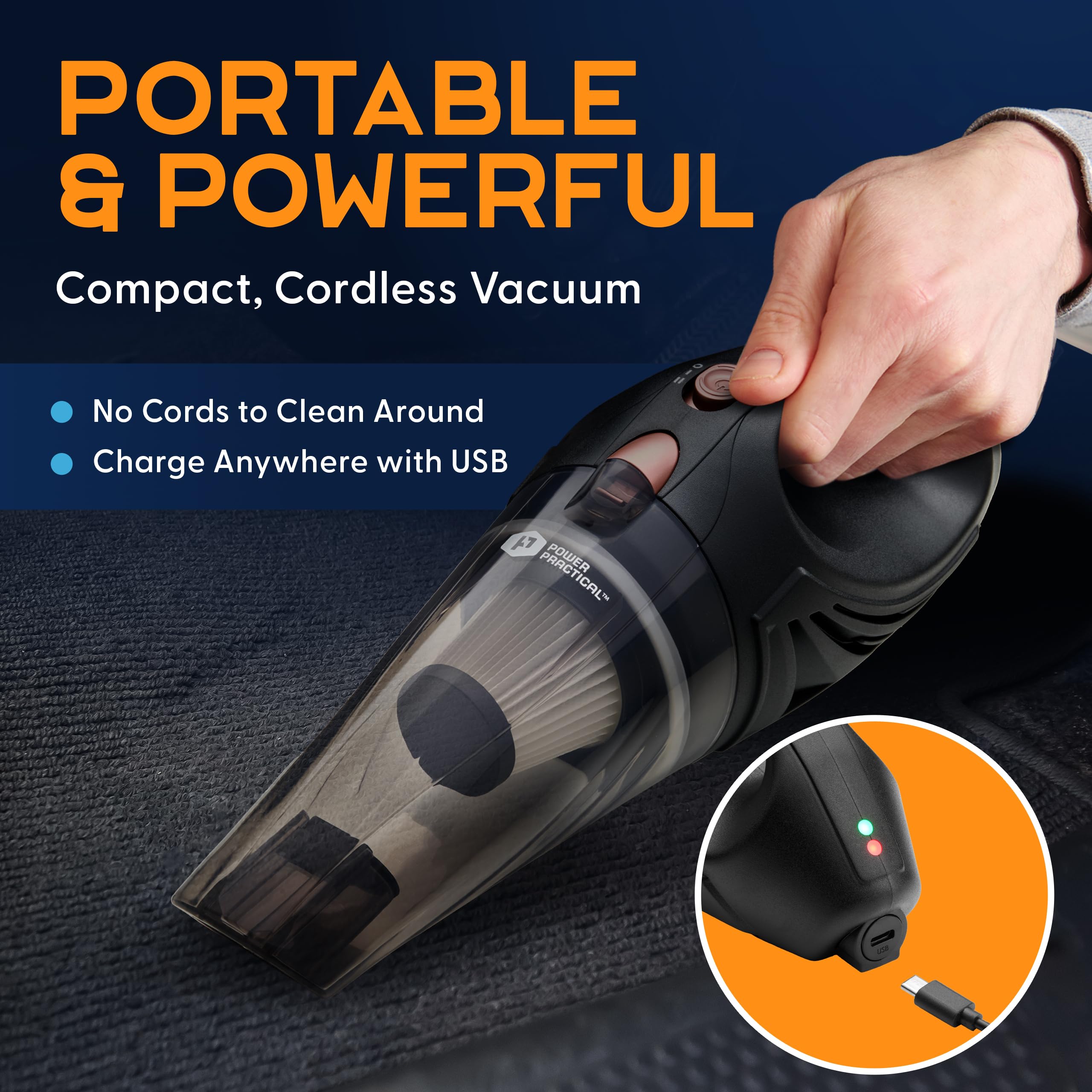 Power Practical Handheld Vacuum Cordless - Rechargeable Portable Car Vacuum W/Strong Suction- Small, Mini Vacuum Cleaner For Car