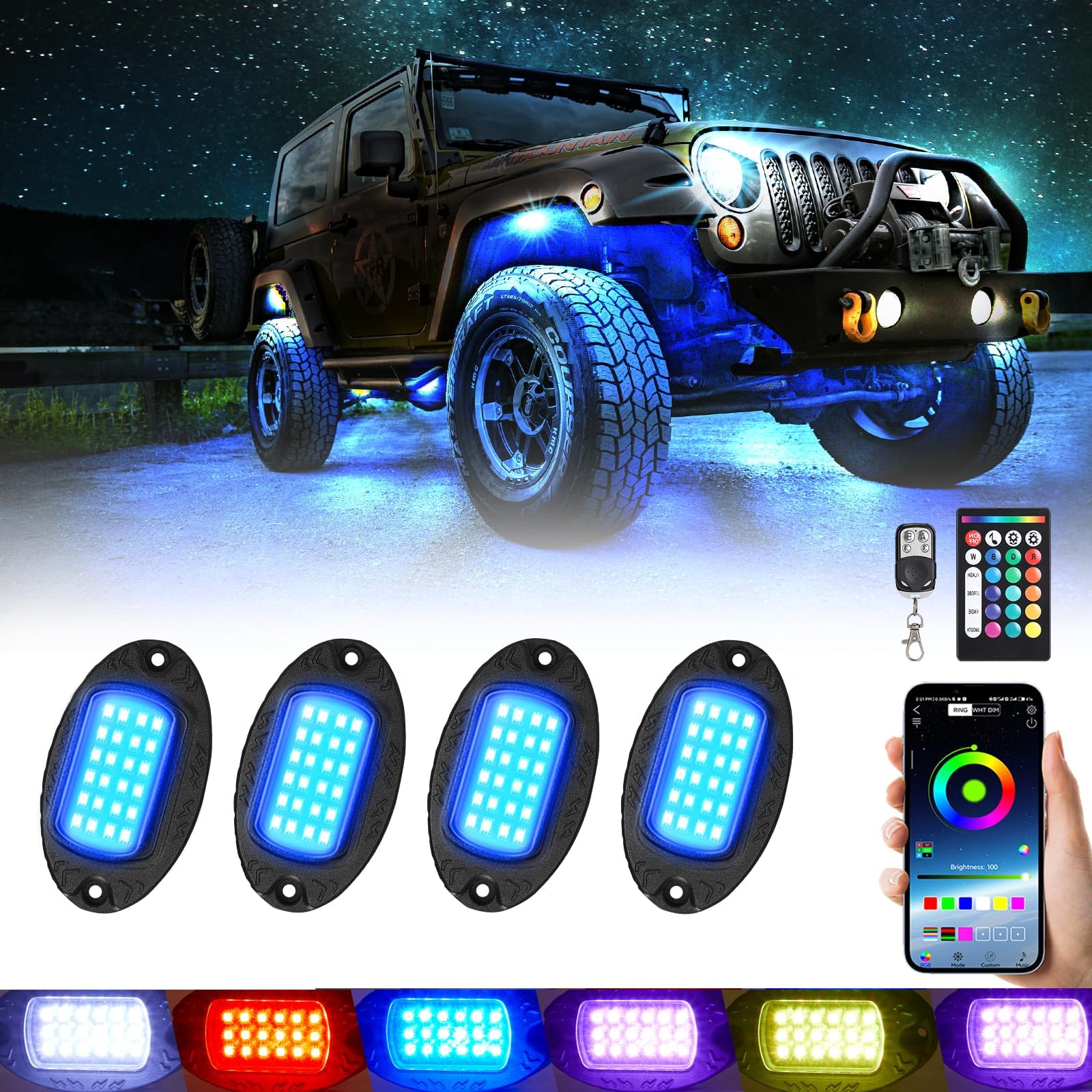 4 Pods Alloy Rgb Led Rock Lights For Atv Utv Rzr Suv Sxs Golf Cart Trucks Car, Metal Waterproof Multicolor Underglow Kit With Ap