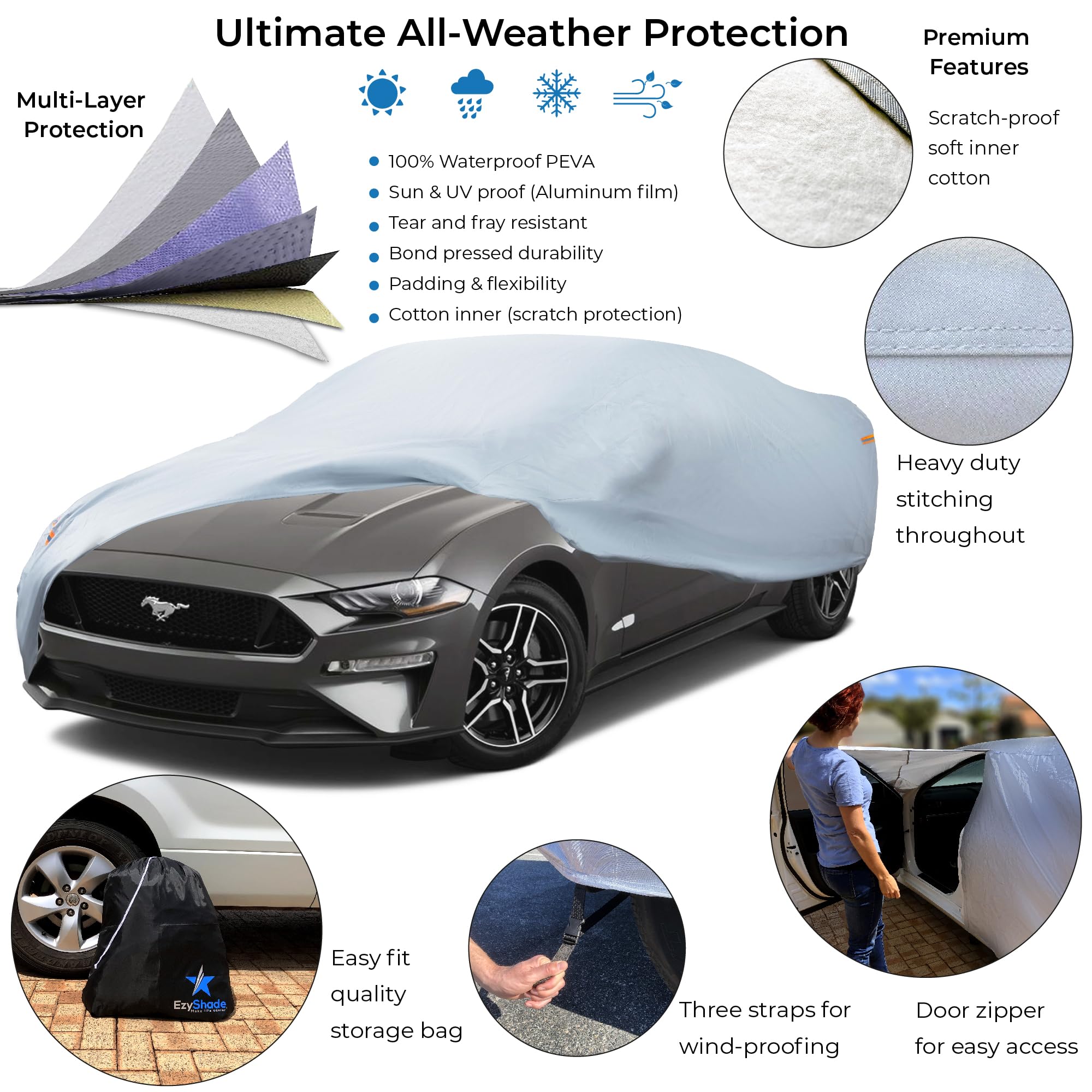 Ezyshade 10-Layer Waterproof Sports Car Cover. See Vehicle Size-Chart For Accurate Fit. All Weather Full Outdoor Covers. Porsche Z4 370Z Brz 86 Tt Classic Cars Sun Snow Rain. Size C2 (See Size Chart)