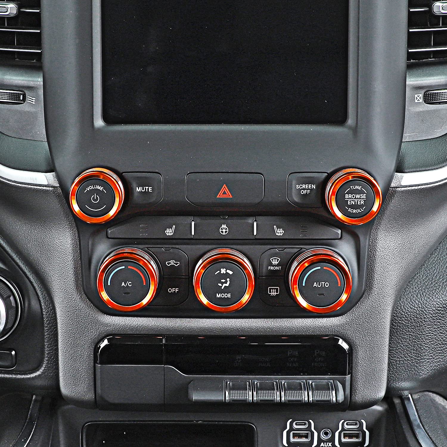 Voodonala for Dodge RAM Aluminum Center Console AC Radio Switch Knob Cover for 2018-2025+ RAM Interior Accessories, 5pcs Orange