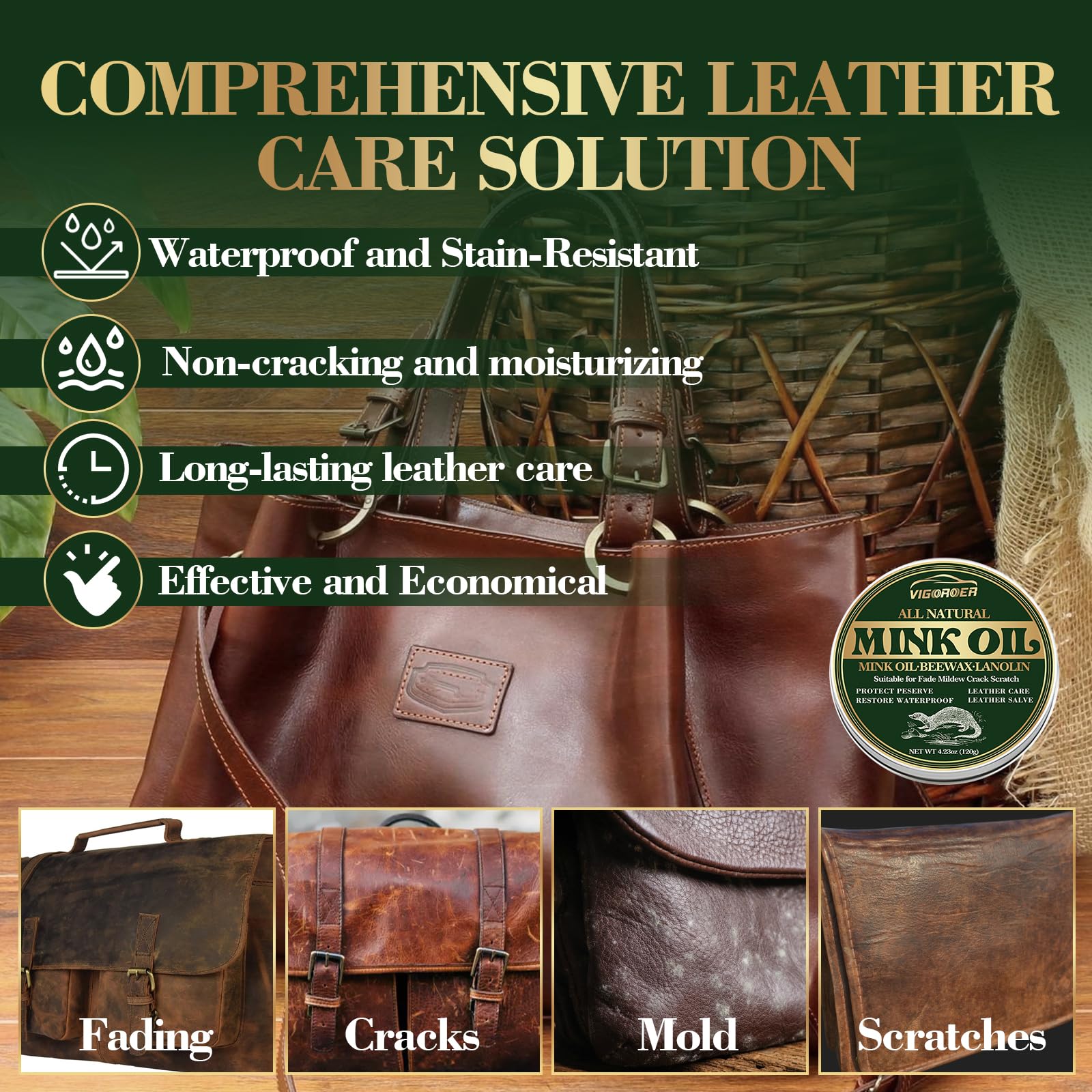 Vigorder Mink Oil For Leather Boots, 4.23Oz Leather Conditioner For Boots With Sponge, Made With Mink Oil Beeswax, Protect Softe