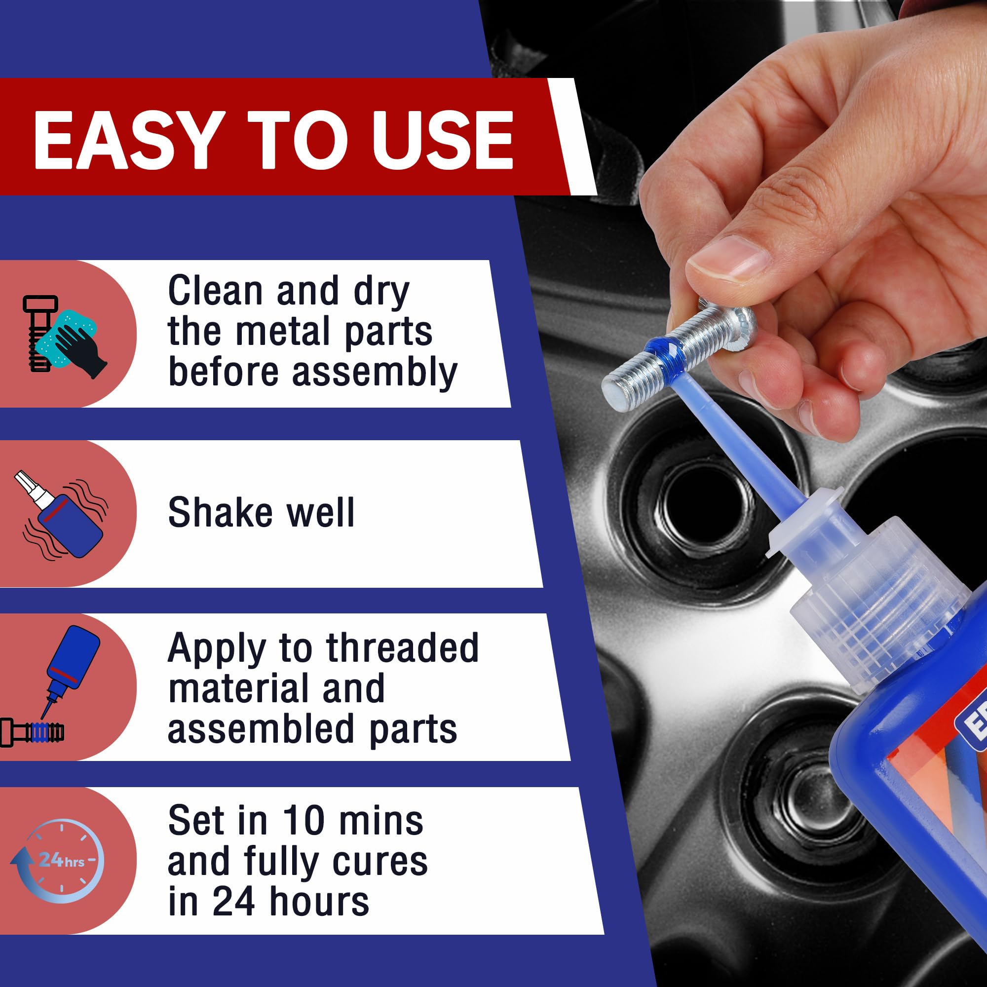 Epasun Threadlocker Blue And Red, 50Mlx2 Thread Lock Medium And Strong Strength Lock Tight For Nuts, Bolts, Fasteners, And Metal