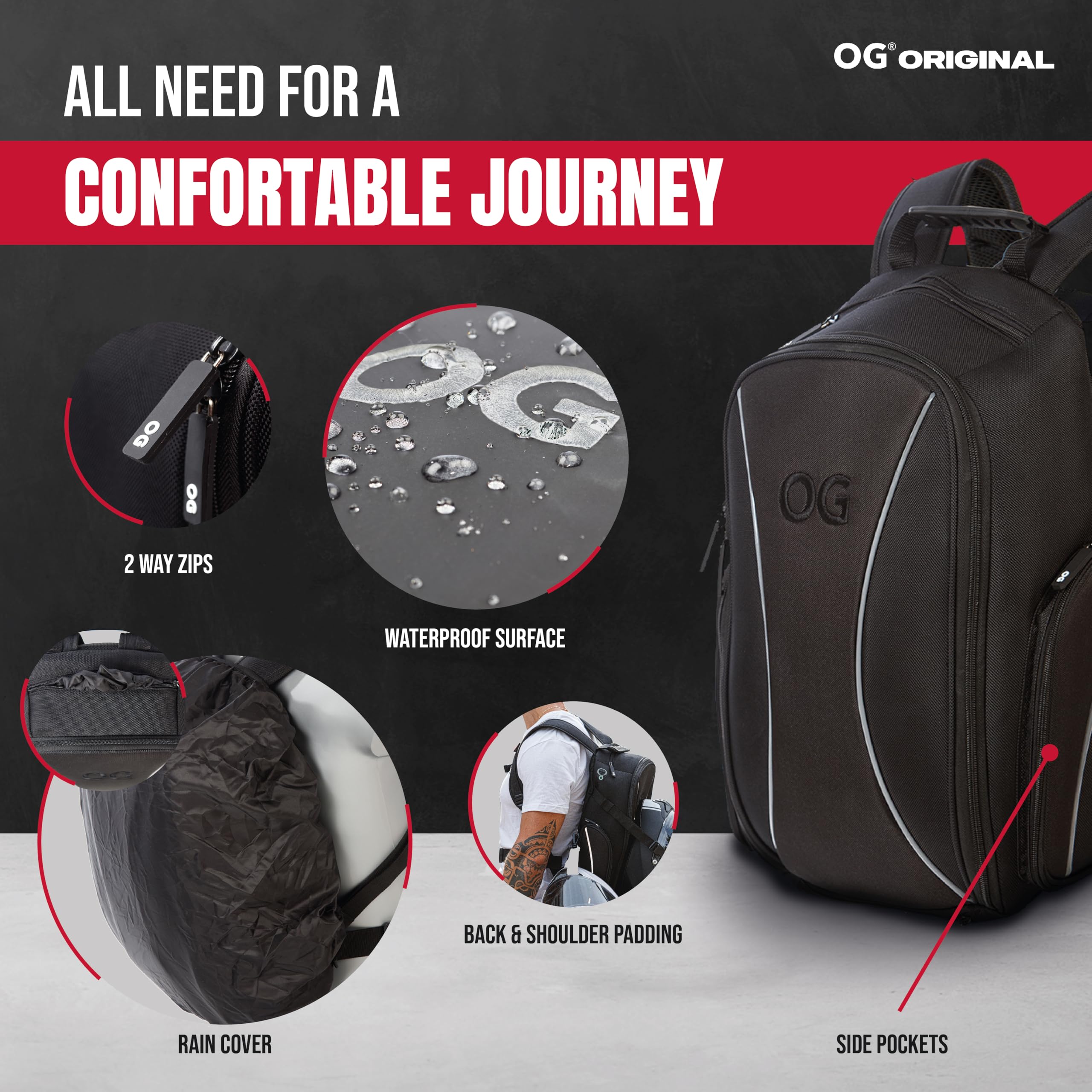 OG Original Motorcycle Backpack GO Black Waterproof, 20L, Motorbike Helmet Strap, Helmet Bag, Cycling Bag, Man, Laptop, Reflecti
