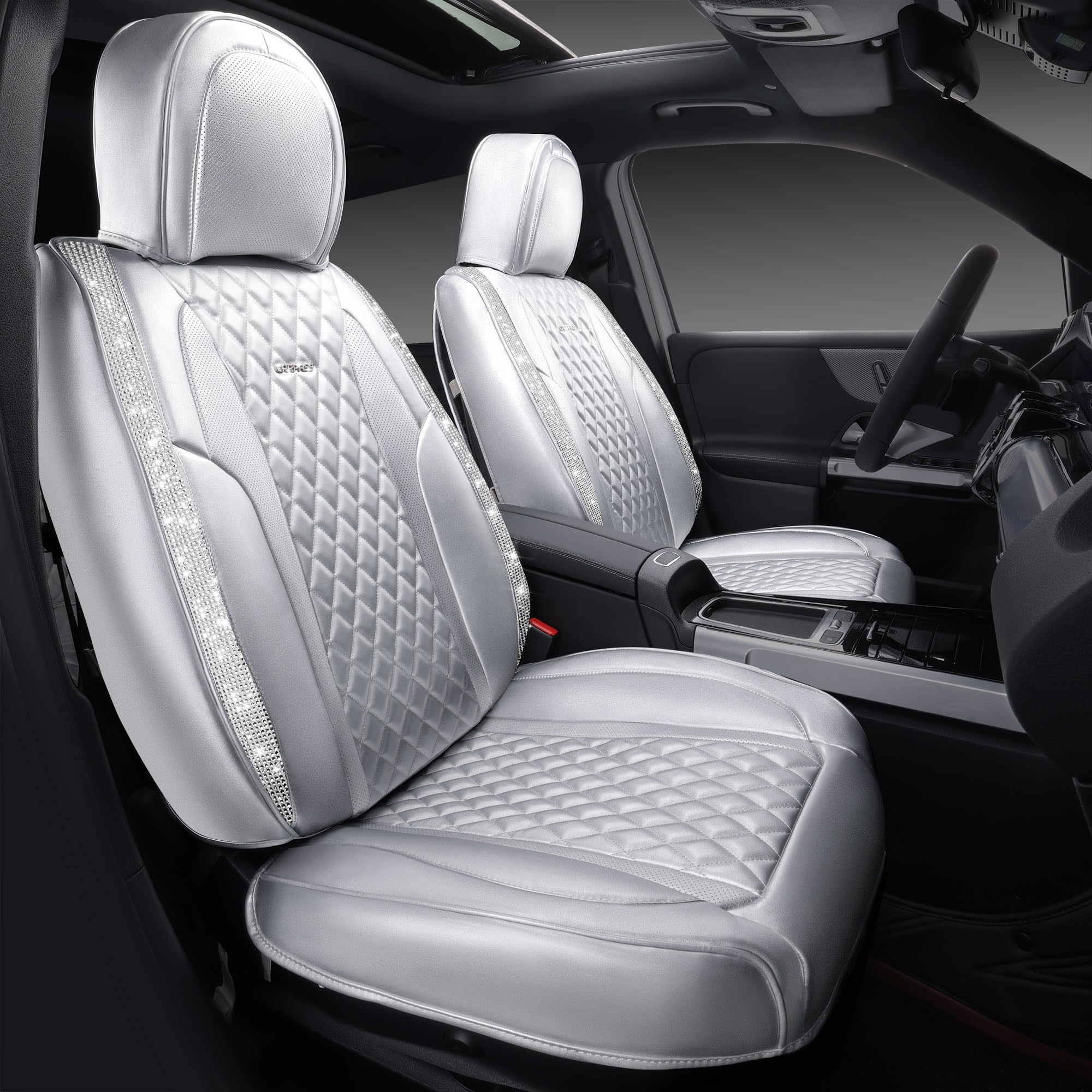 Car Pass Nappa Leather Car Seat Covers For Full Set Bling Silver Diamond Universal Luxury Cushion, Waterproof Anti-Slip Seat Pro
