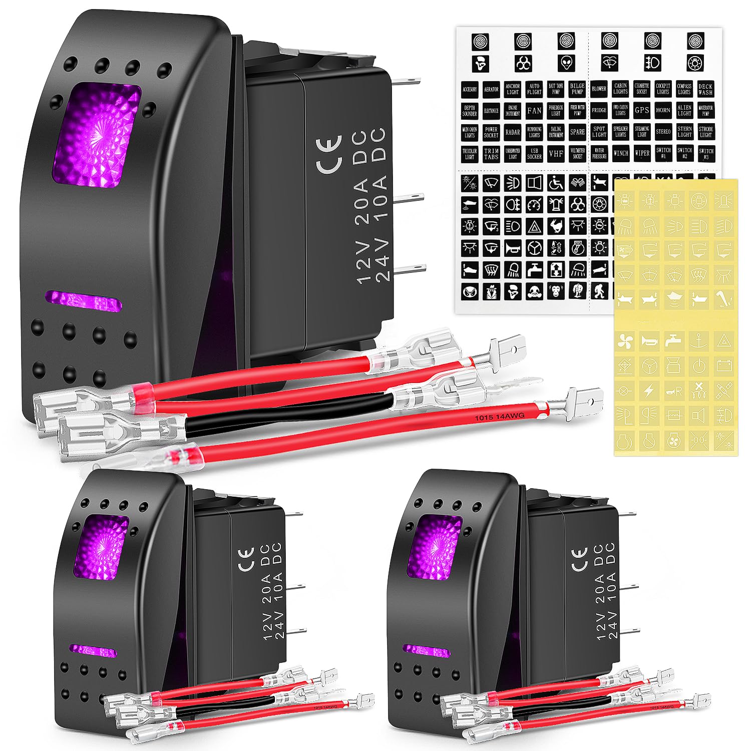 Nilight 3 Pack Rocker Switches With Night Glow Stickers On Off 5 Pin Spst Led Switches With Pinkish Purple Backlit 12V/24V Toggl