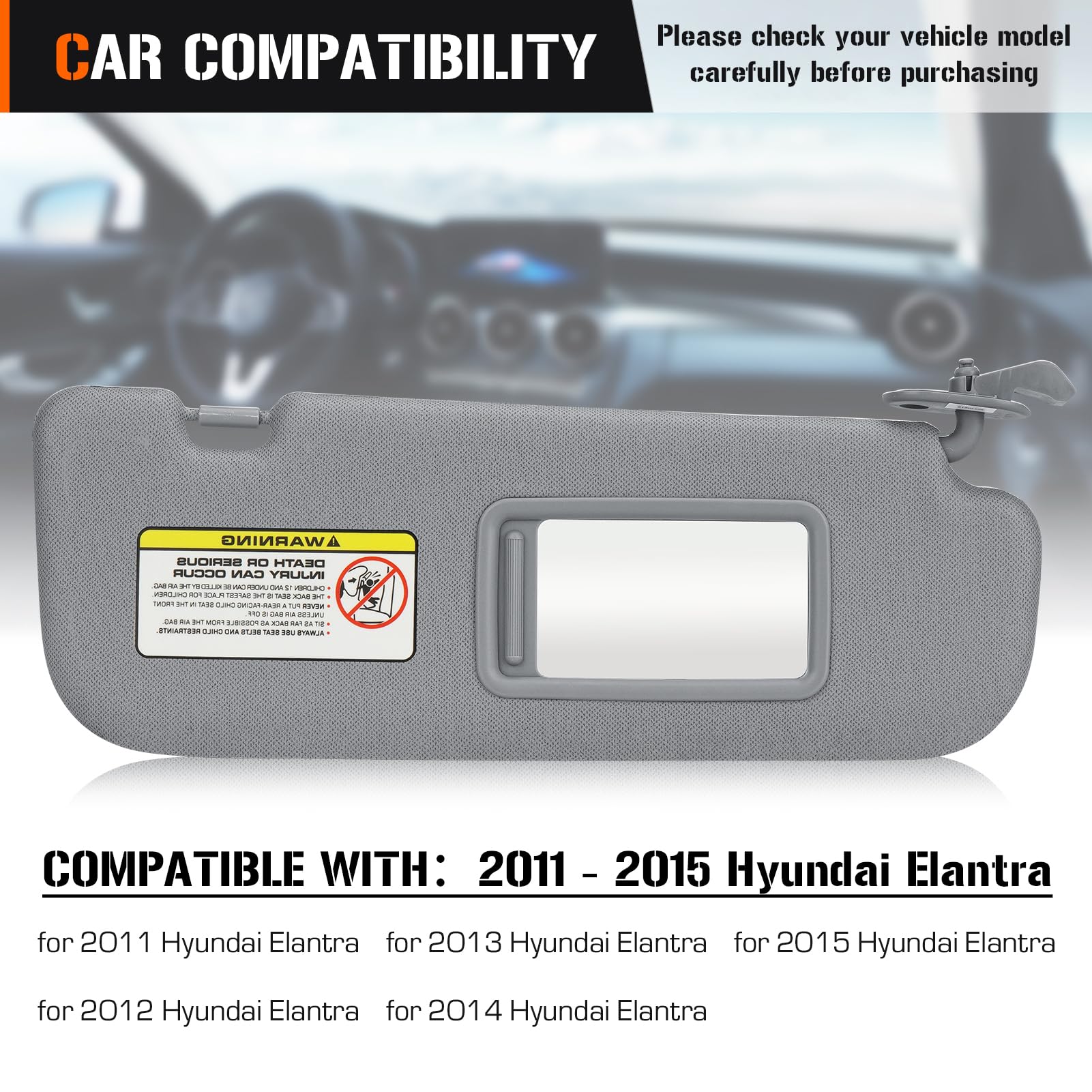 Sun Visor for 2011-2015 Hyundai Elantra, Right Passenger Side Gray Sunvisor Replacement 852203X000TX
