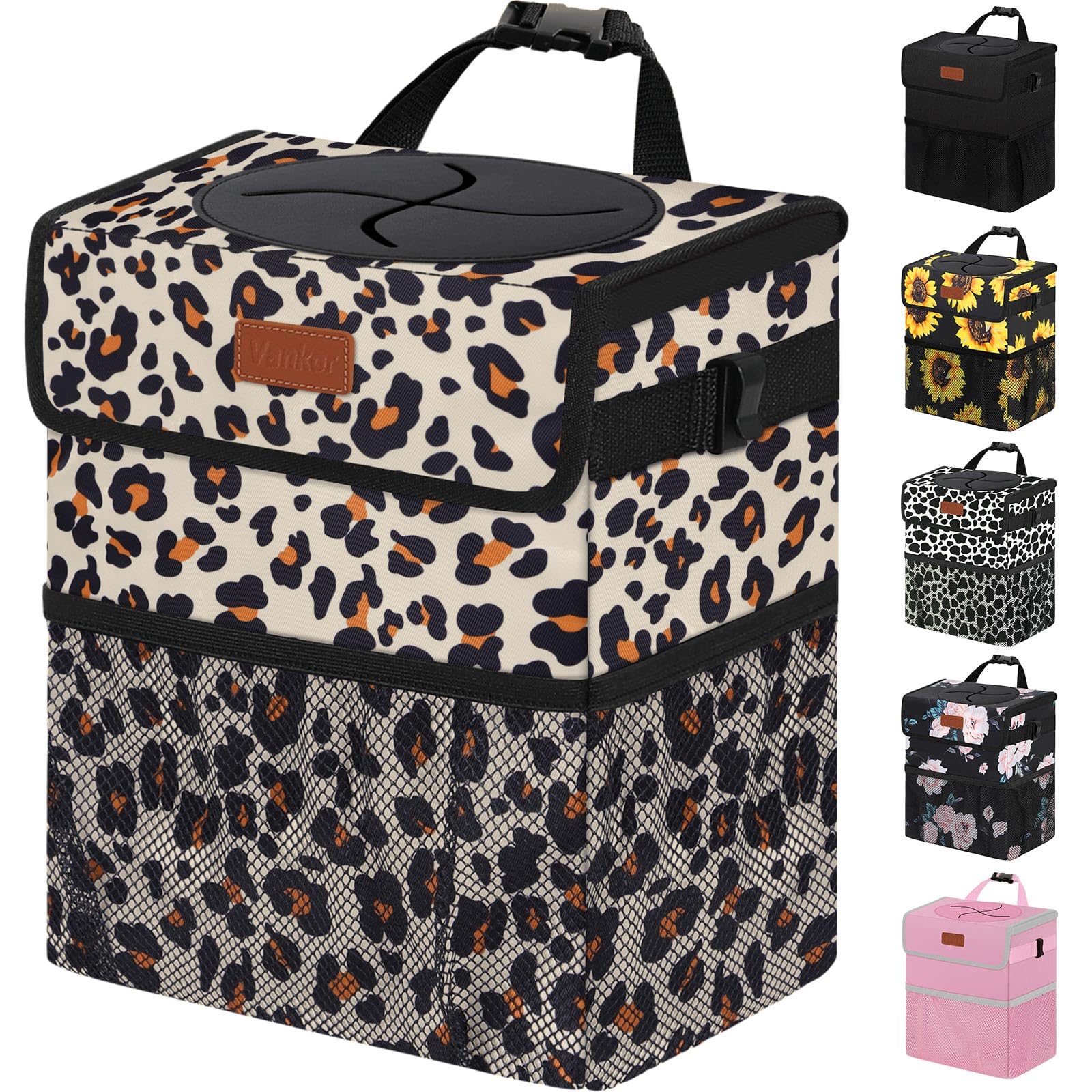 Vankor Cute Car Trash Can, Car Accessories For Women Interior Can Trash Bag Hanging Automotive Garbage Cans Leopard Pattern