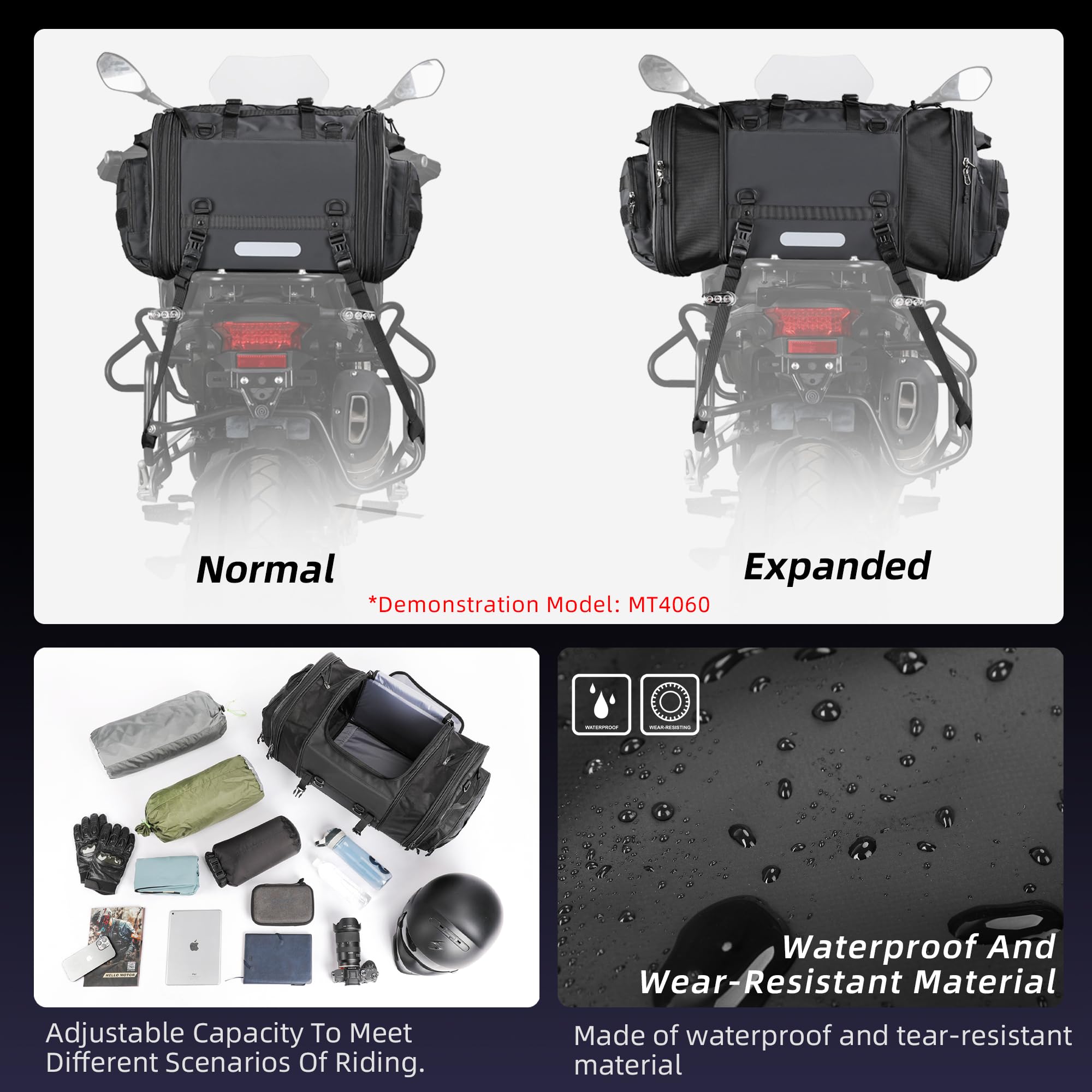 Rhinowalk Motorcycle Tail Bag Expandable Motorcycle Travel Luggage 45L Waterproof All Weather/Trunk/Rack Bag With Sissy Bar Stra