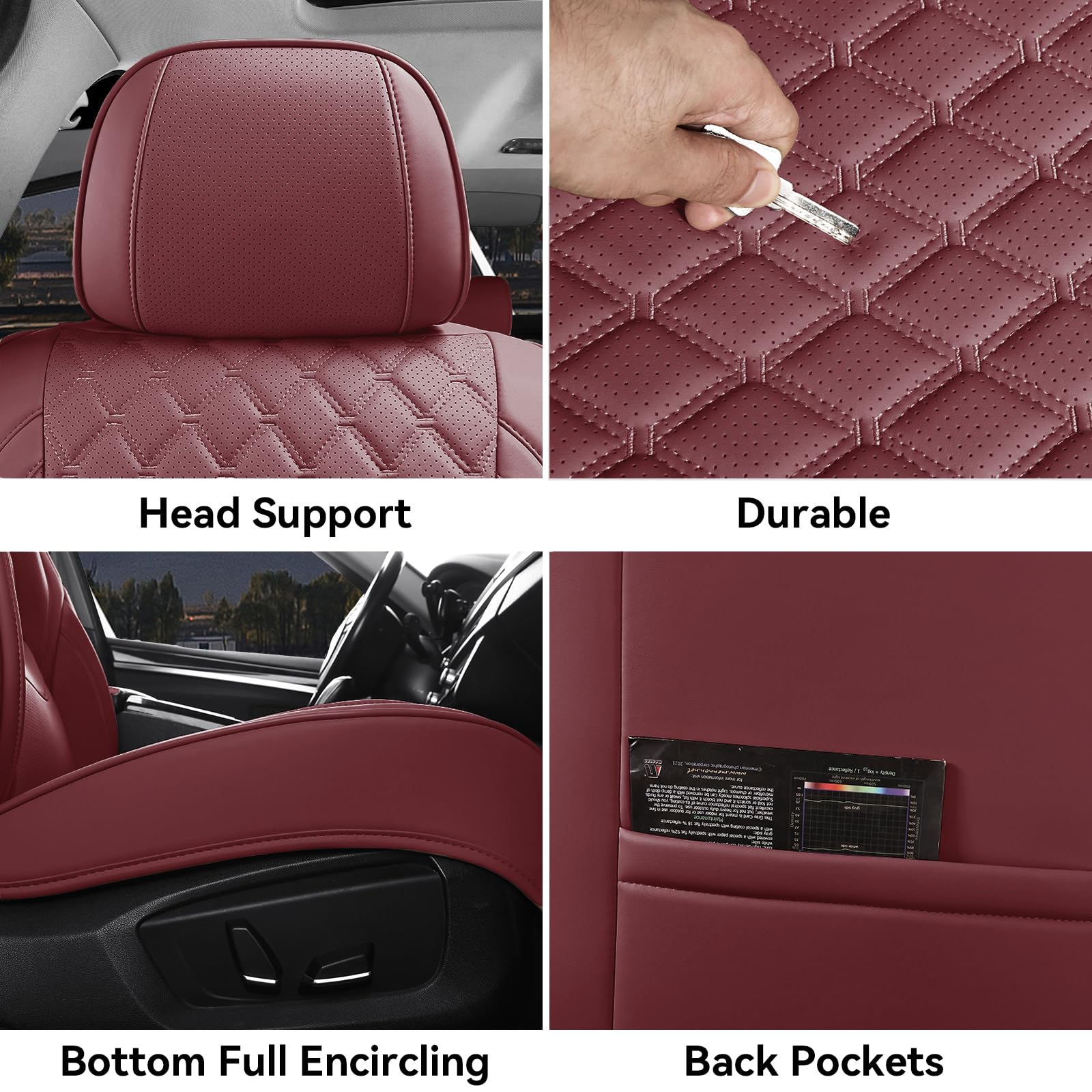 Sxikin Car Seat Covers Full Set Burgundy, Luxury Faux Leather Car Seat Covers Waterproof Non-Slip Seat Protector Universal Fit F