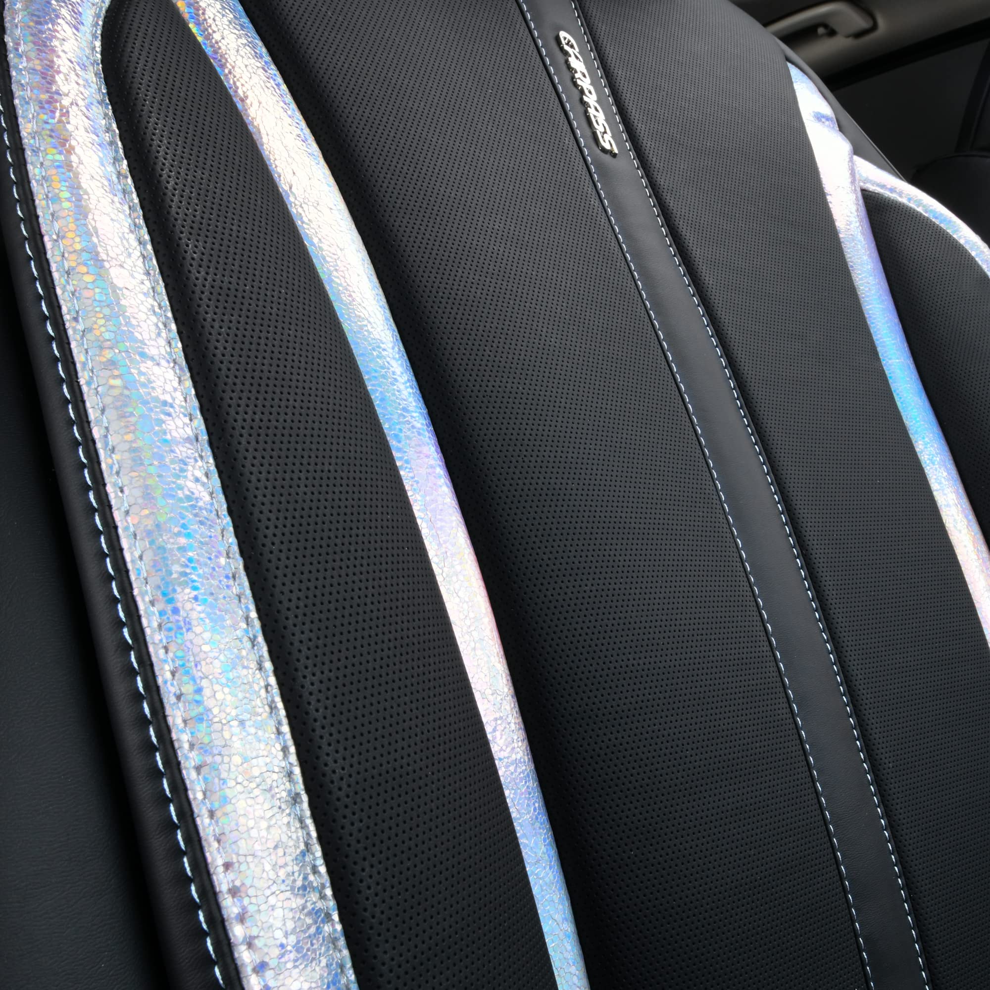 CAR PASS Nappa Leather Holographic Laser Car Seat Covers Front Seats Only Cushioned, Waterproof Waist Protector Universal fit fo