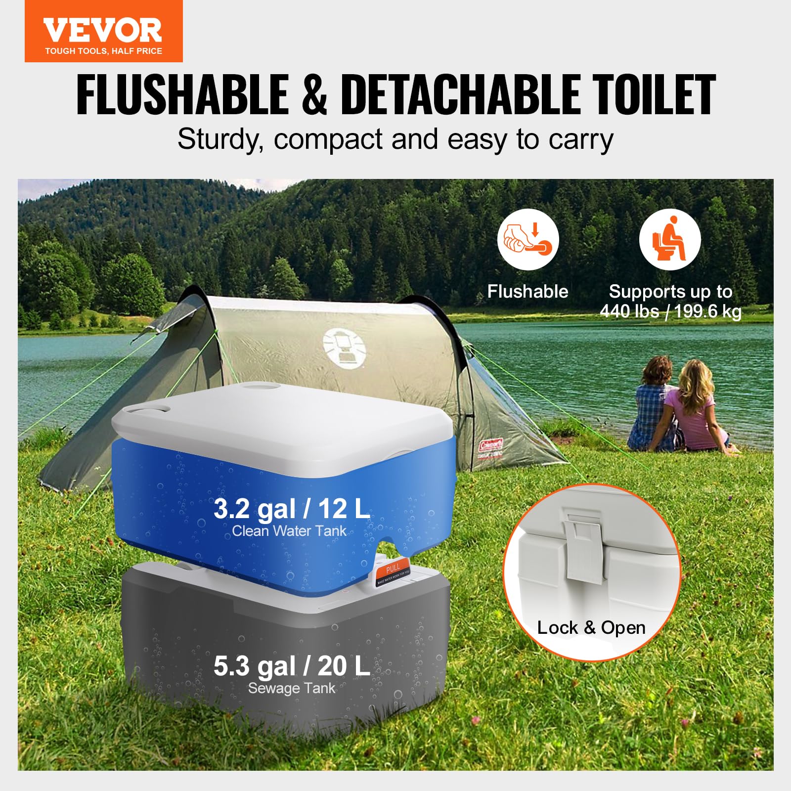 Vevor Portable Toilet For Camping, Rv Toilet With Carry Bag, 5.3 Gal Waste Tank & 3.2 Gal Flush Tank, Push-Button Pressurized Flush Commode, Leak-Proof And Odourless Travel Toilet For Camping Car