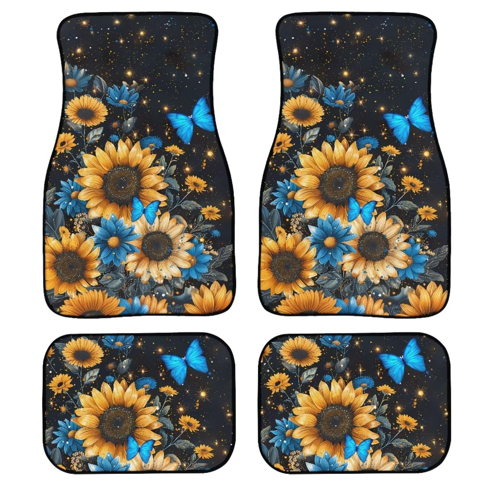 FUIBENG 4 Piece Sunflower Car Floor Mats Full Sets Blue Butterfly Yellow Sunflower Floor Mats for Vehicle Front and Back,Stain R
