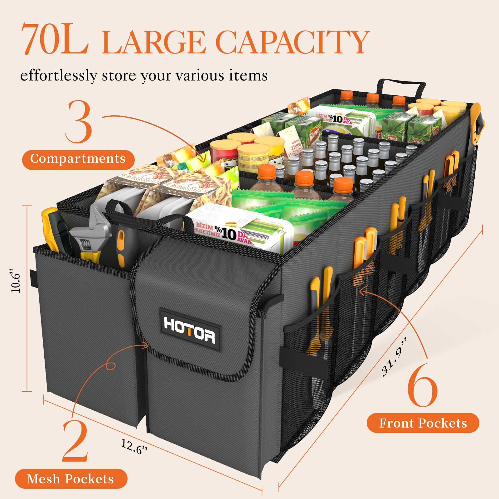 Hotor Foldable Trunk Organizer - Suv & Sedan Compatible, 3 Compartments, Grey, 31.9 ''12.6 ''10.6 '' Sturdy Car Organization For