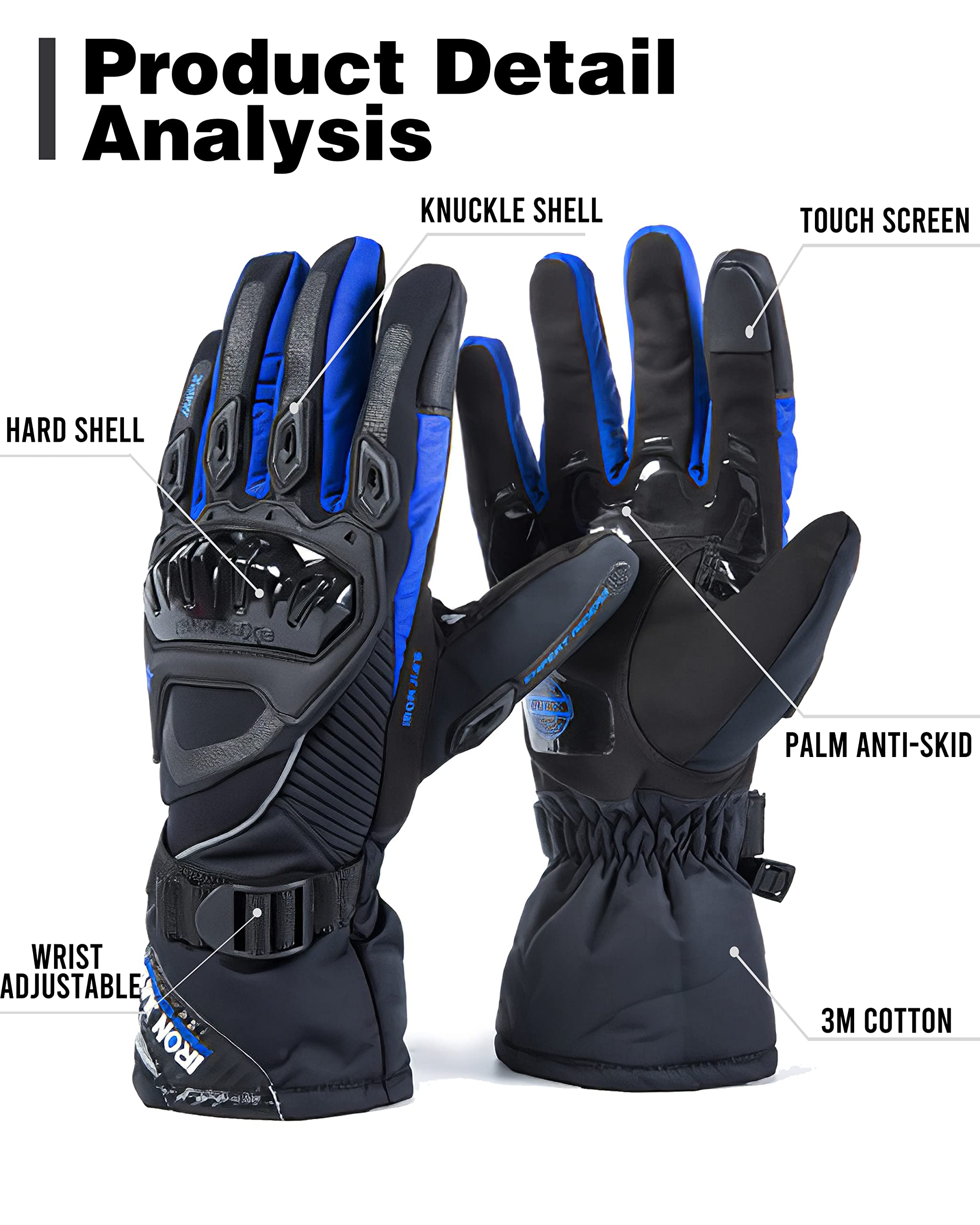 Iron Jia'S Motorcycle Gloves Winter Warm Touch Screen Waterproof Windproof Protective Clothing (Blue, Xl)