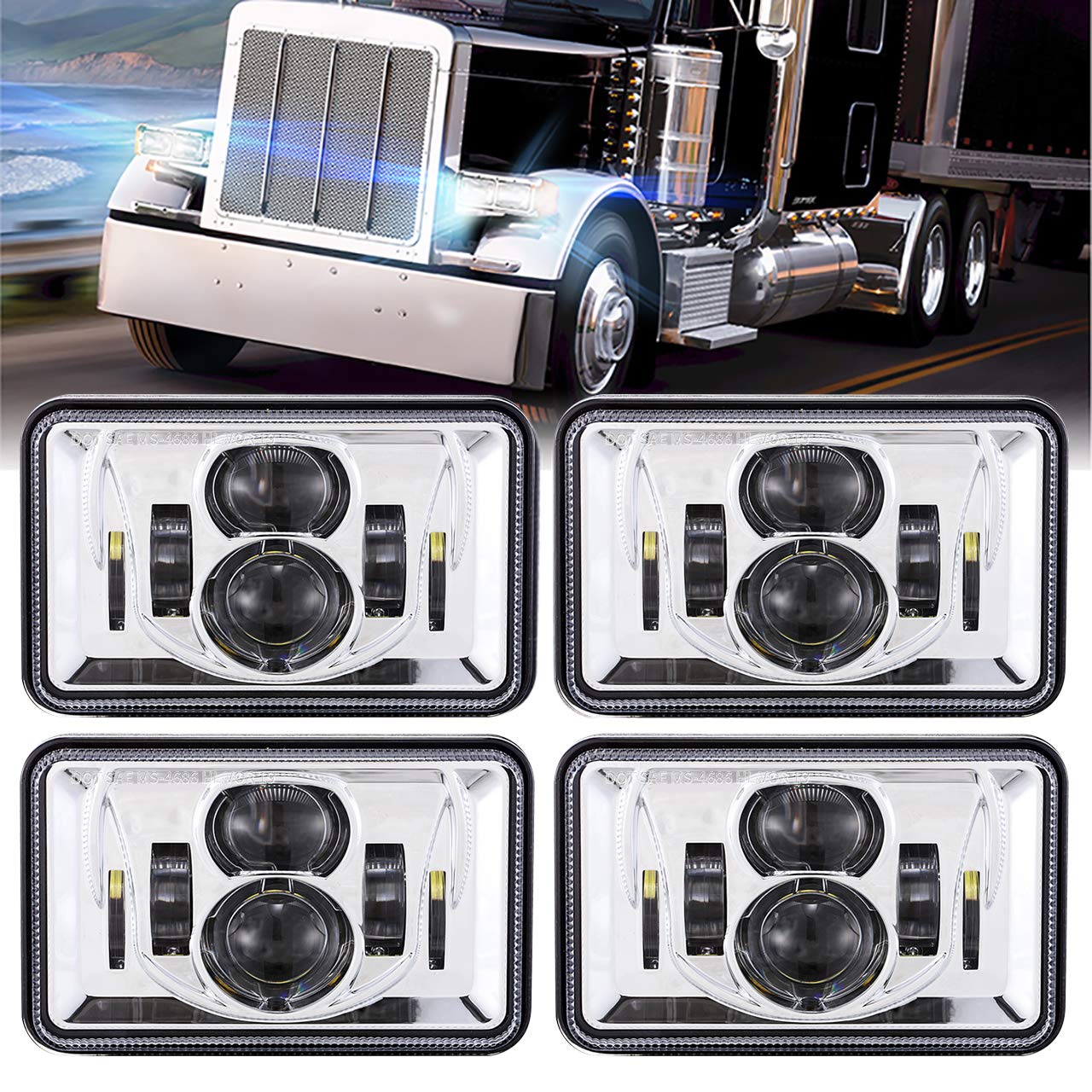 Bicyaco 4 Pcs Dot 4X6 Inch Led Headlights Rectangular Replacement H4651 H4652 H4656 H4666 H6545 Compatible With Peterbilt Kenwor