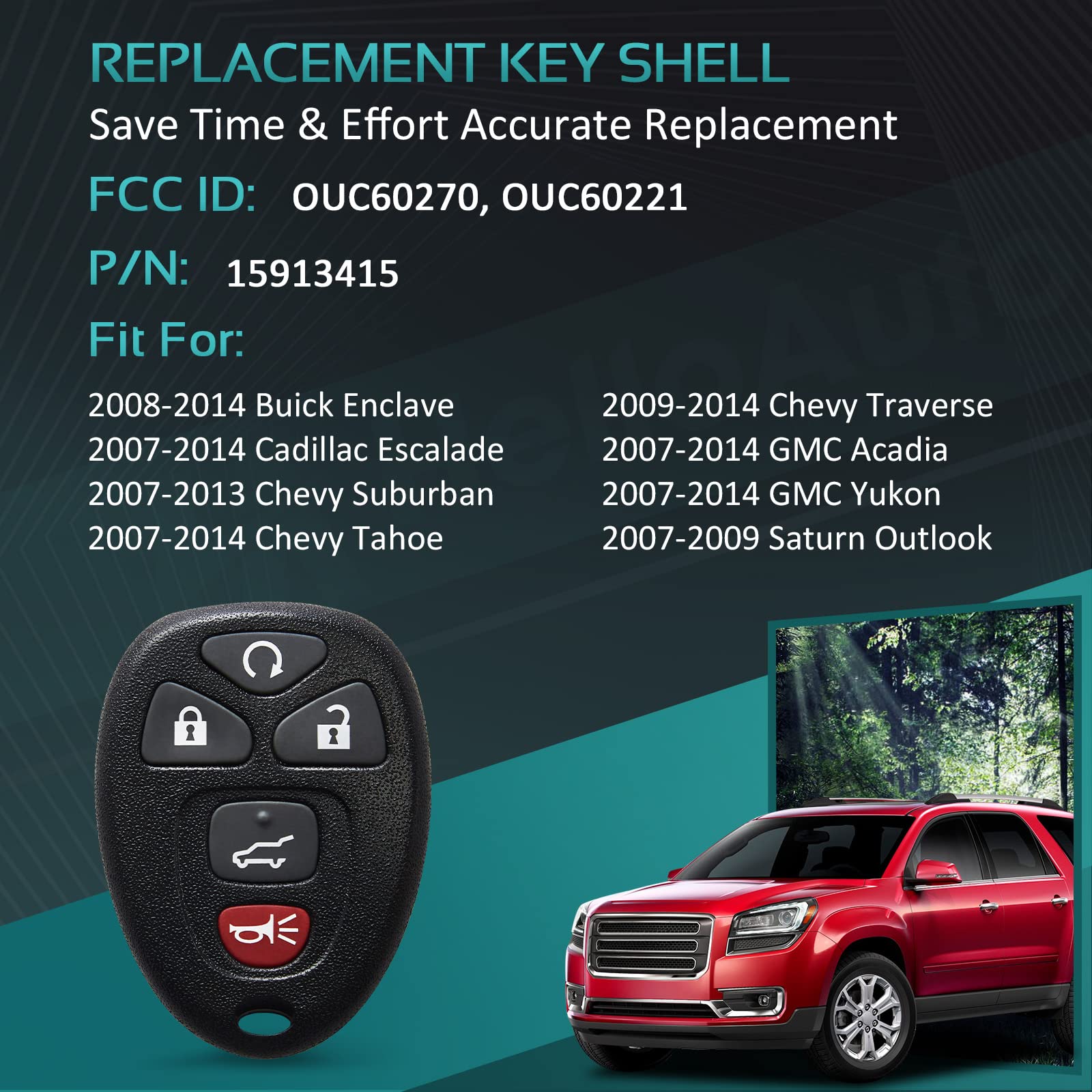 HelloAuto Key Fob Shell for 2007-2014 Chevy Suburban/Cadillac Escalade SRX, for 2007-2017 Tahoe Traverse, for 2007-2017 GMC Acad