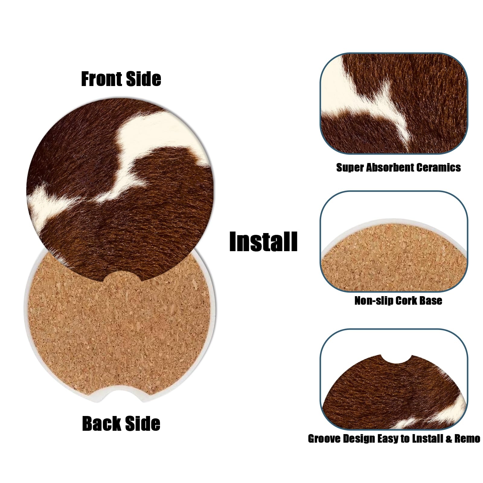 Car Cup Holder Coaster -Cow Hide Brown Absorbent Ceramic Coaster, Car Coasters for Cup Holders, Auto Accessories for Women & Men