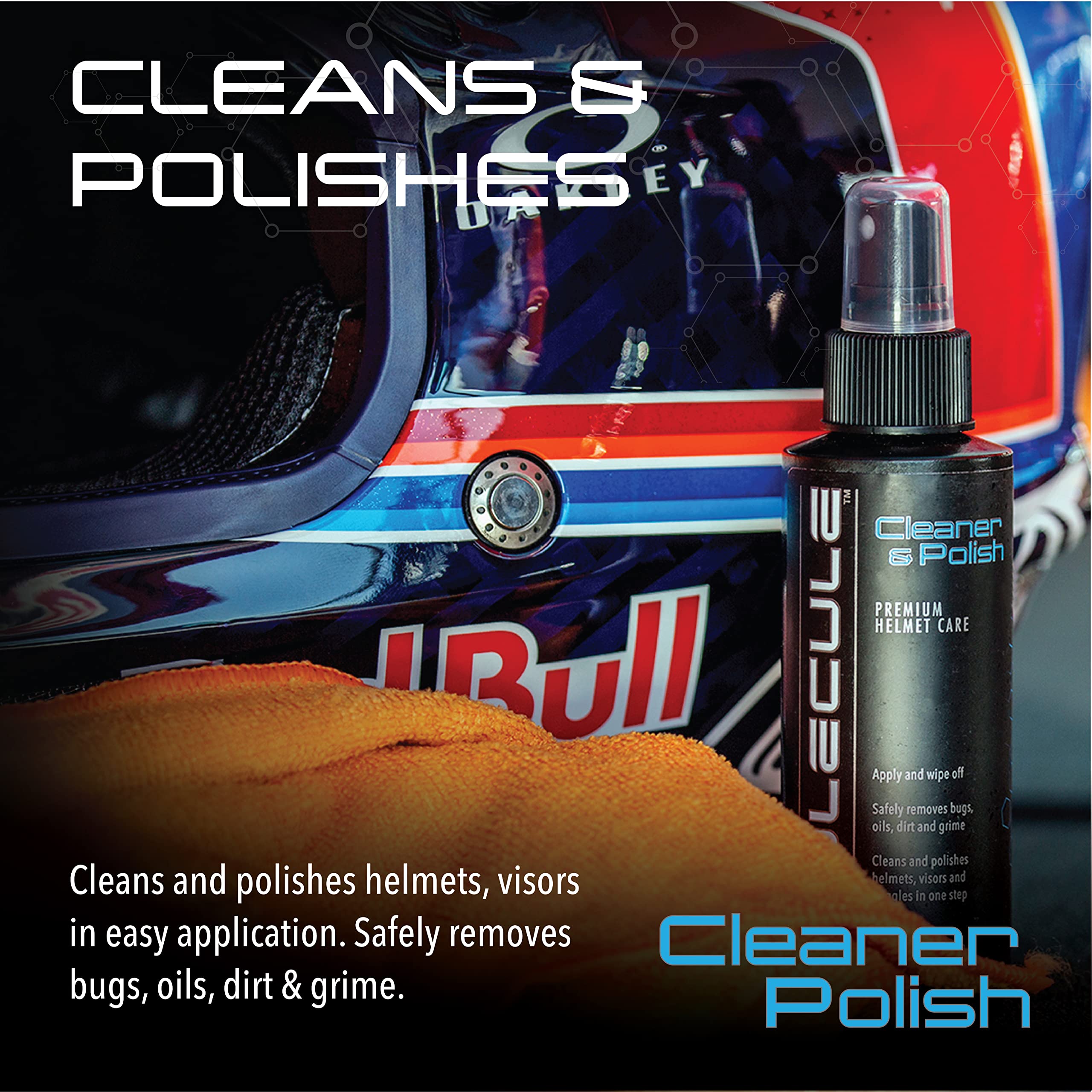Molecule Helmet Cleaner Polish, Premium Helmet Care, Helmets, Visors, And Goggles, For Gloss Finishes, 4 Ounces