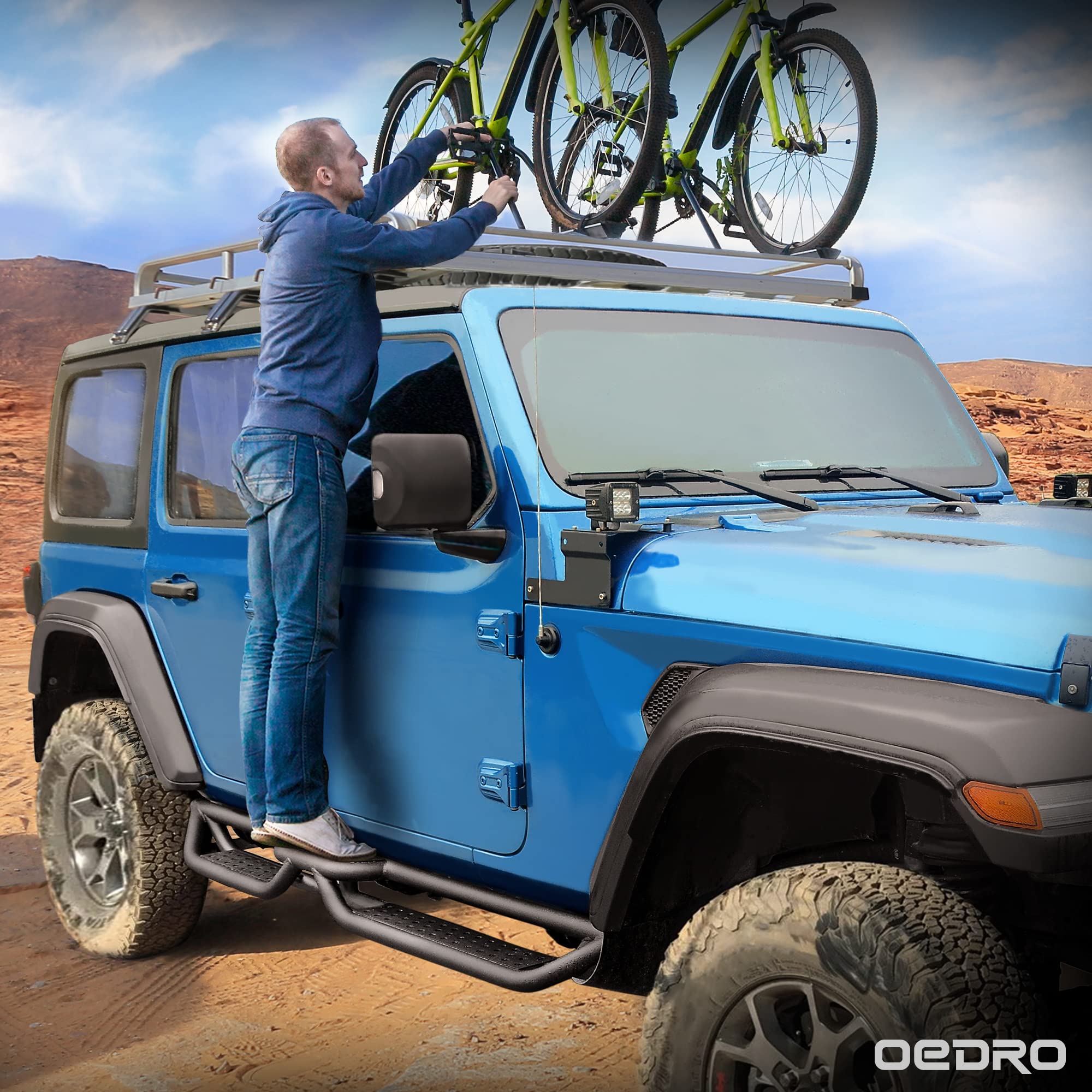 Oedro Running Boards With Two Stairs Design All-Steel Build, Bolt-On Side Steps Compatible With 2018-2025 Jeep Wrangler Jl 4 Doo