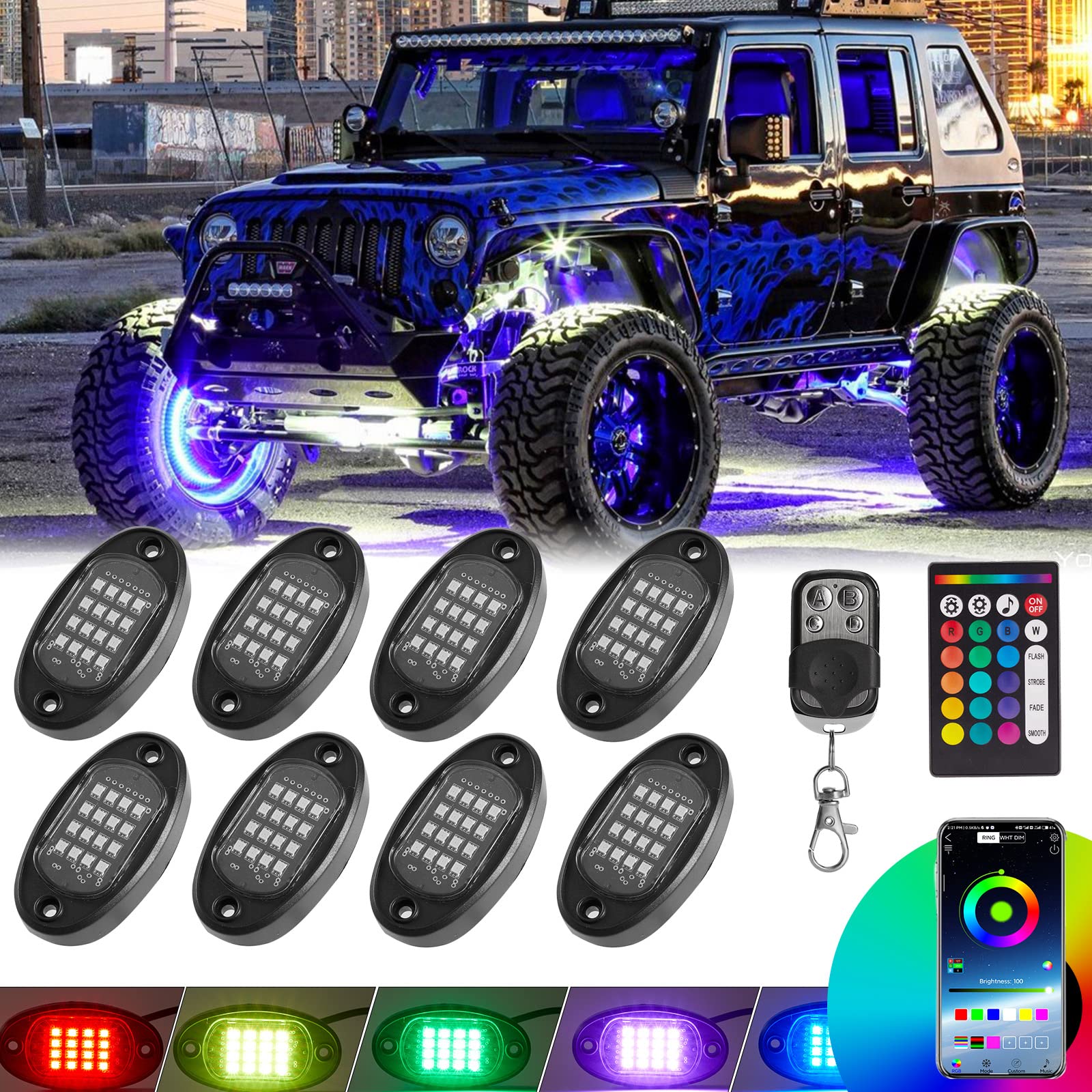 8Pods Rgb Led Rock Lights, Multicolor Exterior Lights For Trucks Waterproof Neon Underglow Lights With App/Rf Control Music Mode, Brake Warn, Dual Zone Control For Car Jeep Offroad Suv Atv Wheel Well