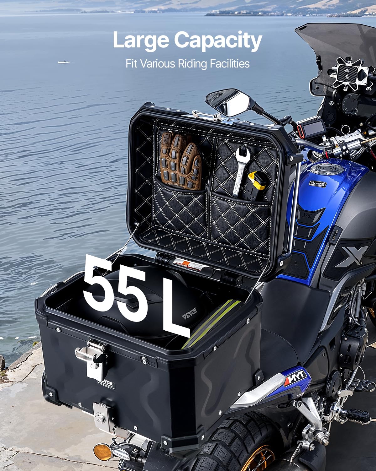 VEVOR Motorcycle Top Case, Universal Aluminum Alloy Motorbike Tail Box with Leather Lining, 55L Waterproof Detachable Motorcycle