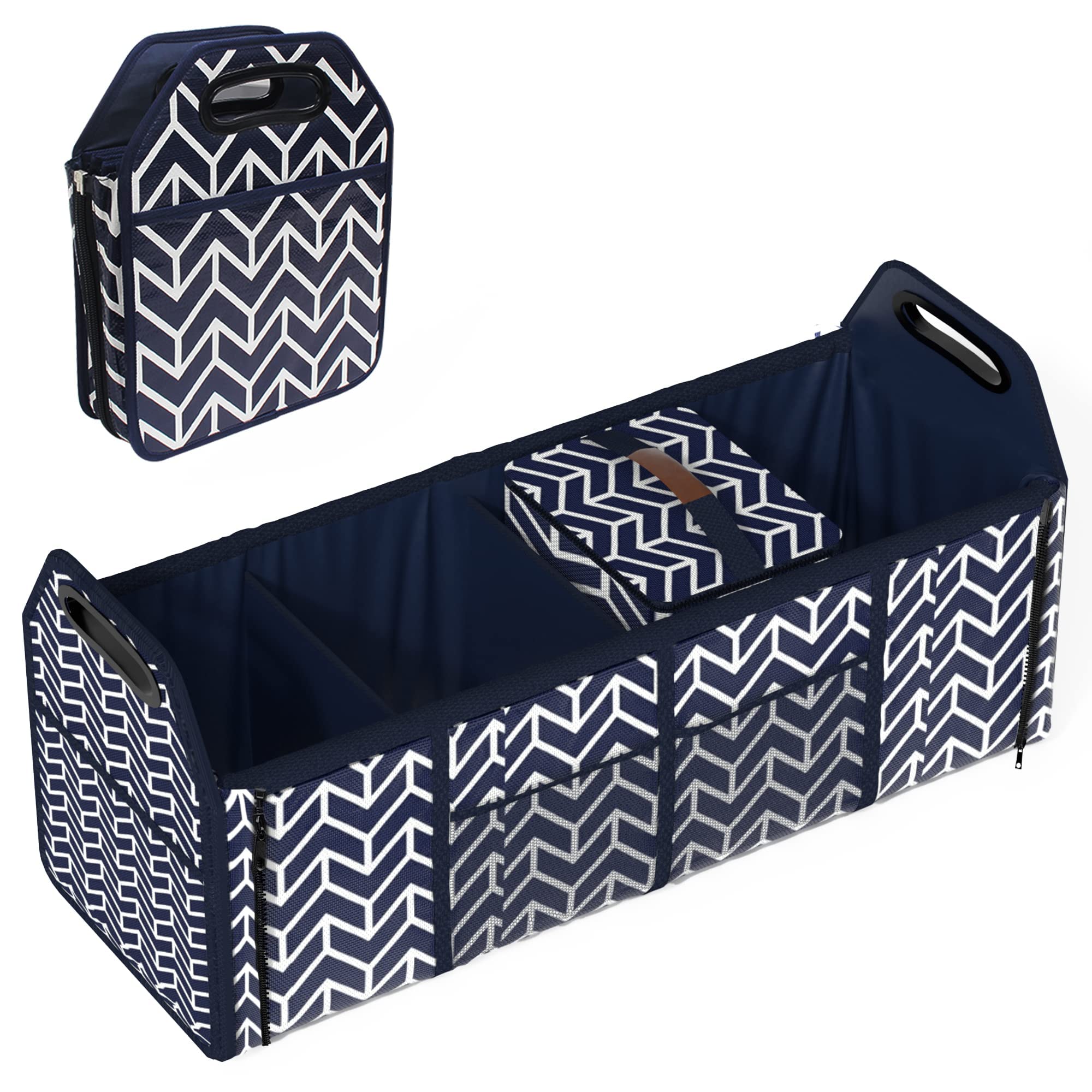 Trunk Organizer For Car, Foldable Car Storage Bag Portable Insulation Cooler Bag Collapsible Vehicle Organizer Divider Storage Totes With 4 Compartment Cargo Tote For Groceries Caddy Suv, Navy Blue