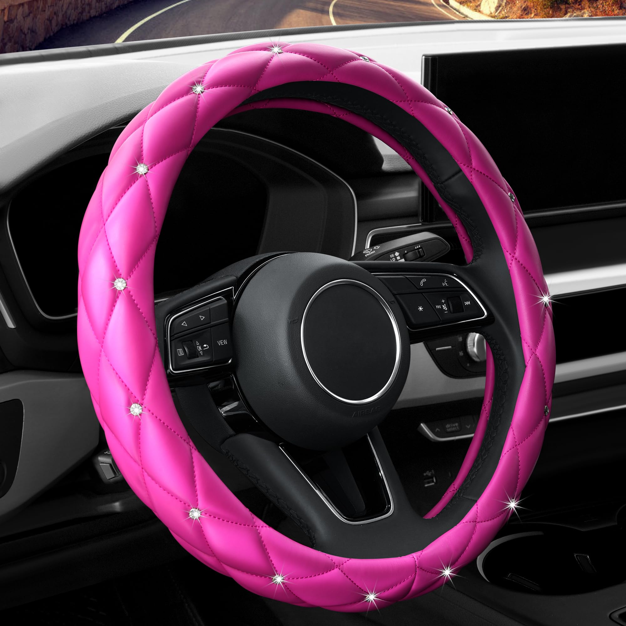 Yogurtck Cute Diamond Soft Leather Anti-Slip Steering Wheel Cover With Bling Bling Crystal Rhinestones, Universal 15 Inch For Wo