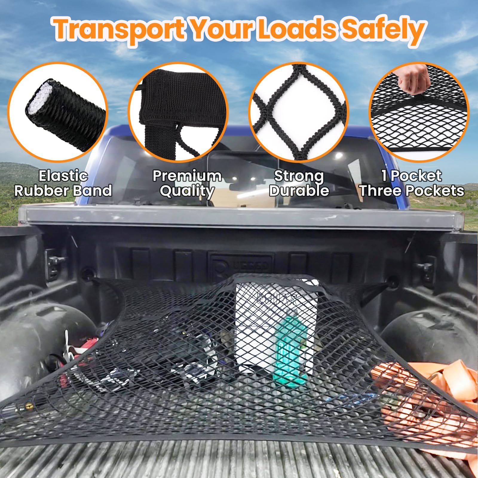 Truck Bed Net, Double-Layer Elastic Cargo Net Stretchable Mesh Organizer for Pickup, Suitable for Daily Light Loads of Trucks, U